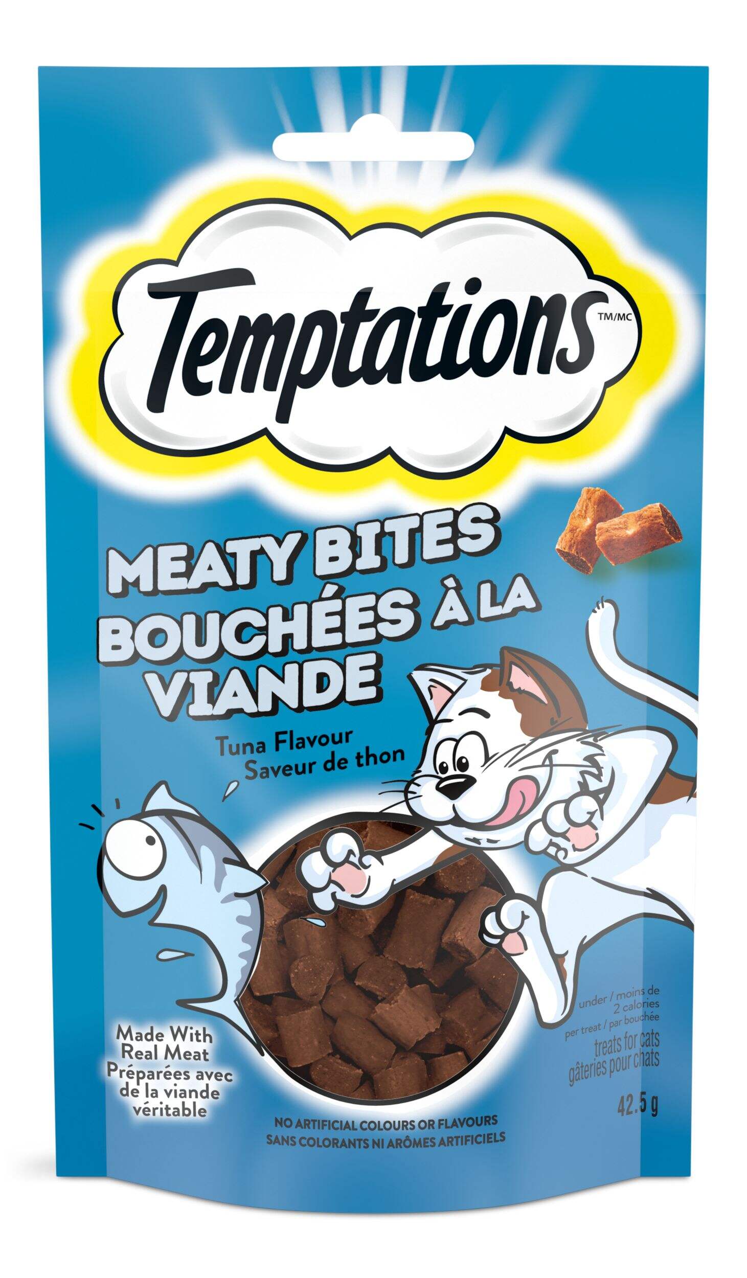 Gâteries pour chats Temptations Bouchées à la viande à saveur de thon à teneur élevée en protéines, faites avec de la vraie viande, 42,5 g Front_Flat