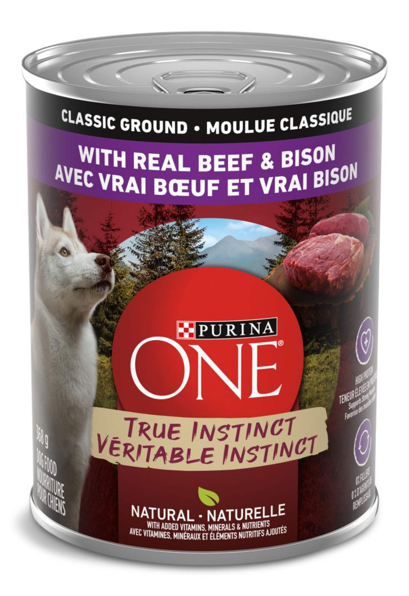 Nourriture humide pour chiens adultes Purina One SmartBlend Véritable instinct, boeuf et bison en sauce, faite avec de la vraie viande, 368 g Front_Elevated