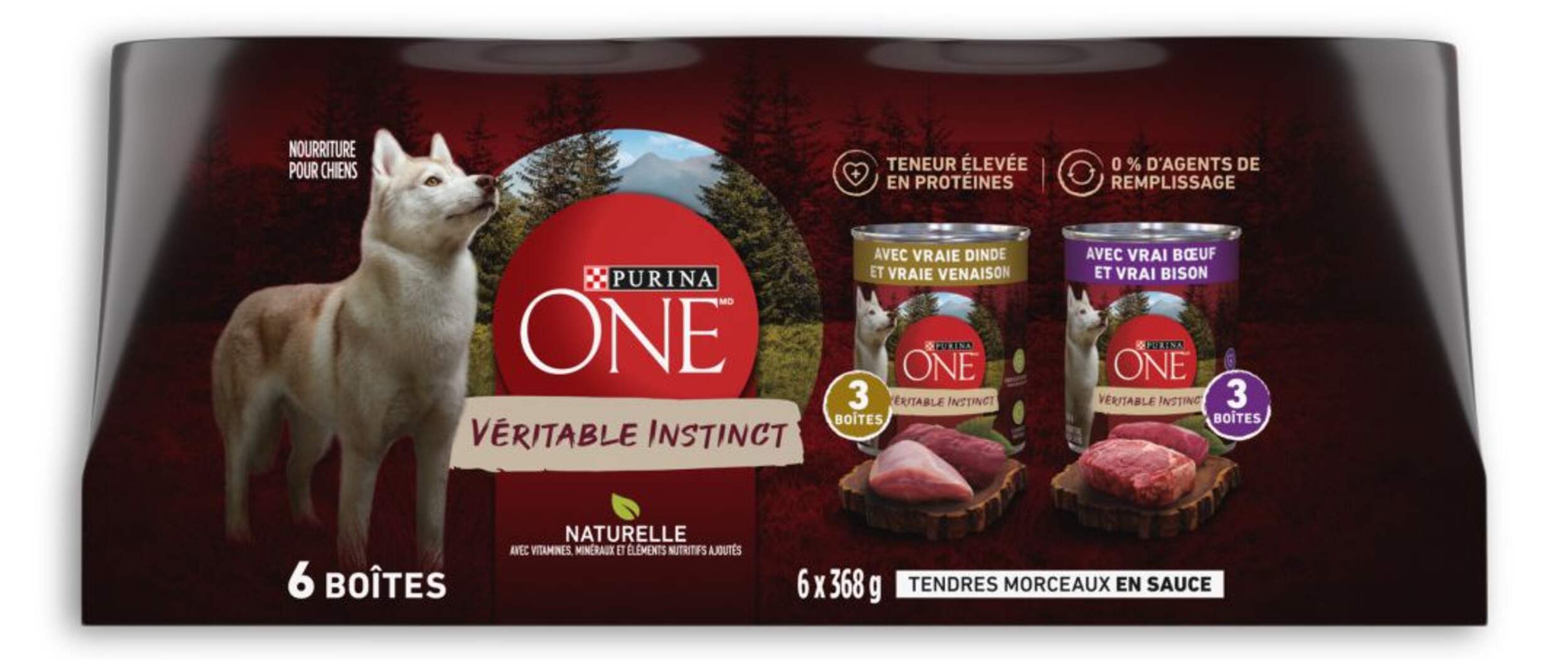 Nourriture humide pour chiens adultes Purina One SmartBlend Véritable instinct, assortiment, 2 saveurs uniques, 6 x 368 g Front_Flat