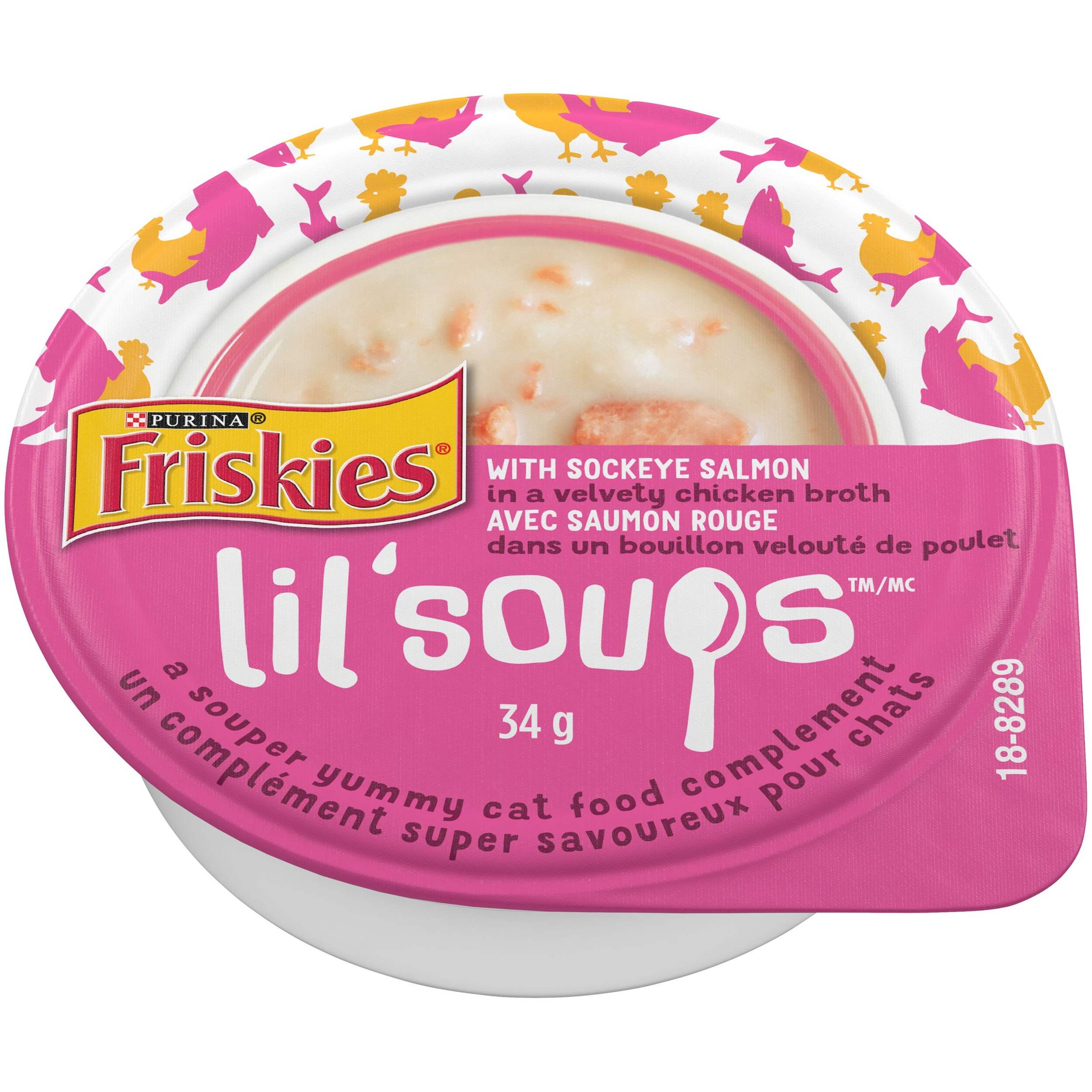 Friskies Lil Soups Sockeye Salmon in Chicken Broth Wet Cat Food Topper, 34-g Overhead_Plunge