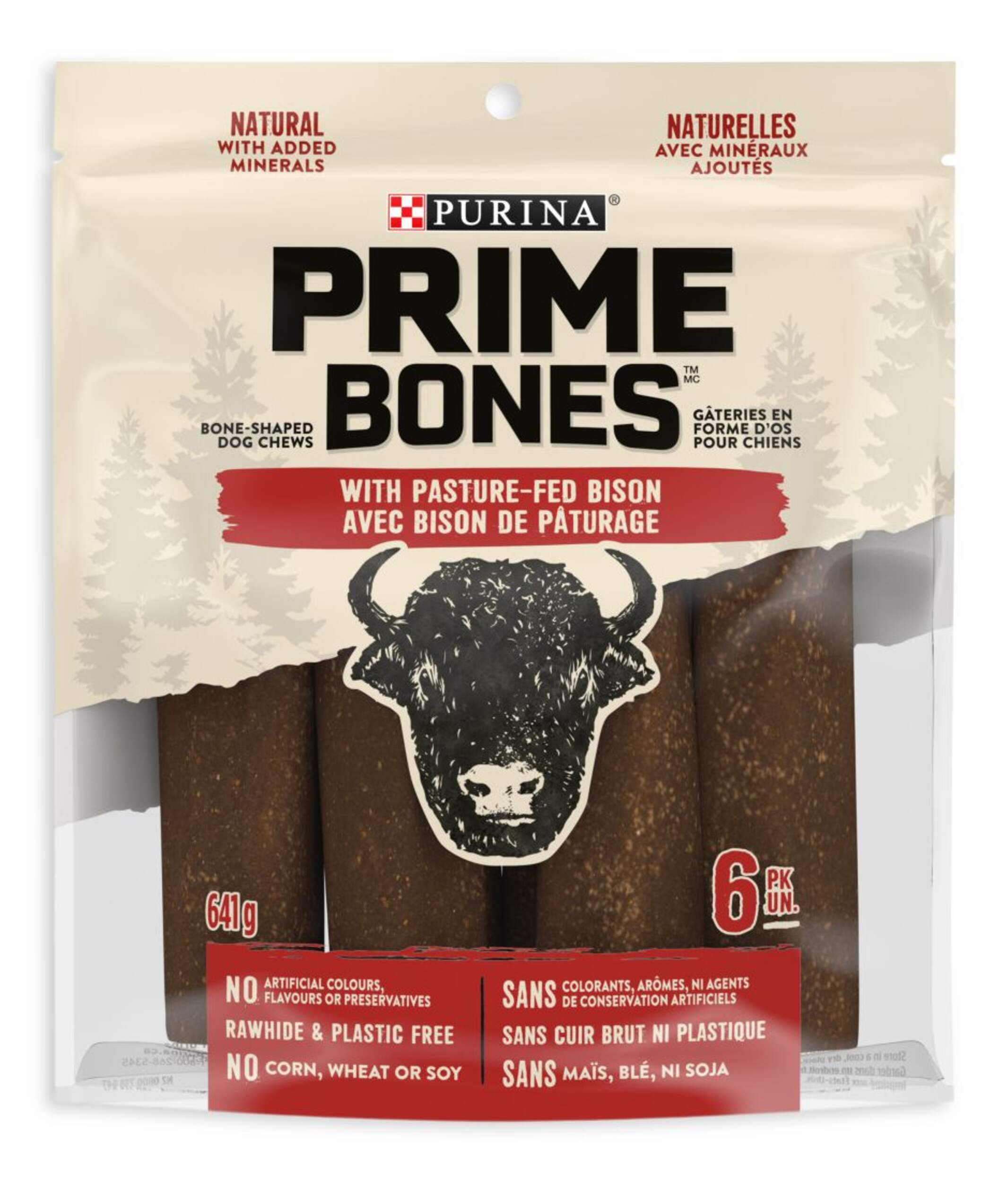 Purina Prime Bones Dog Chews with Pasture-Fed Bison Dog Treats, Rawhide Free, 6-Pk, 641-g Front_Flat