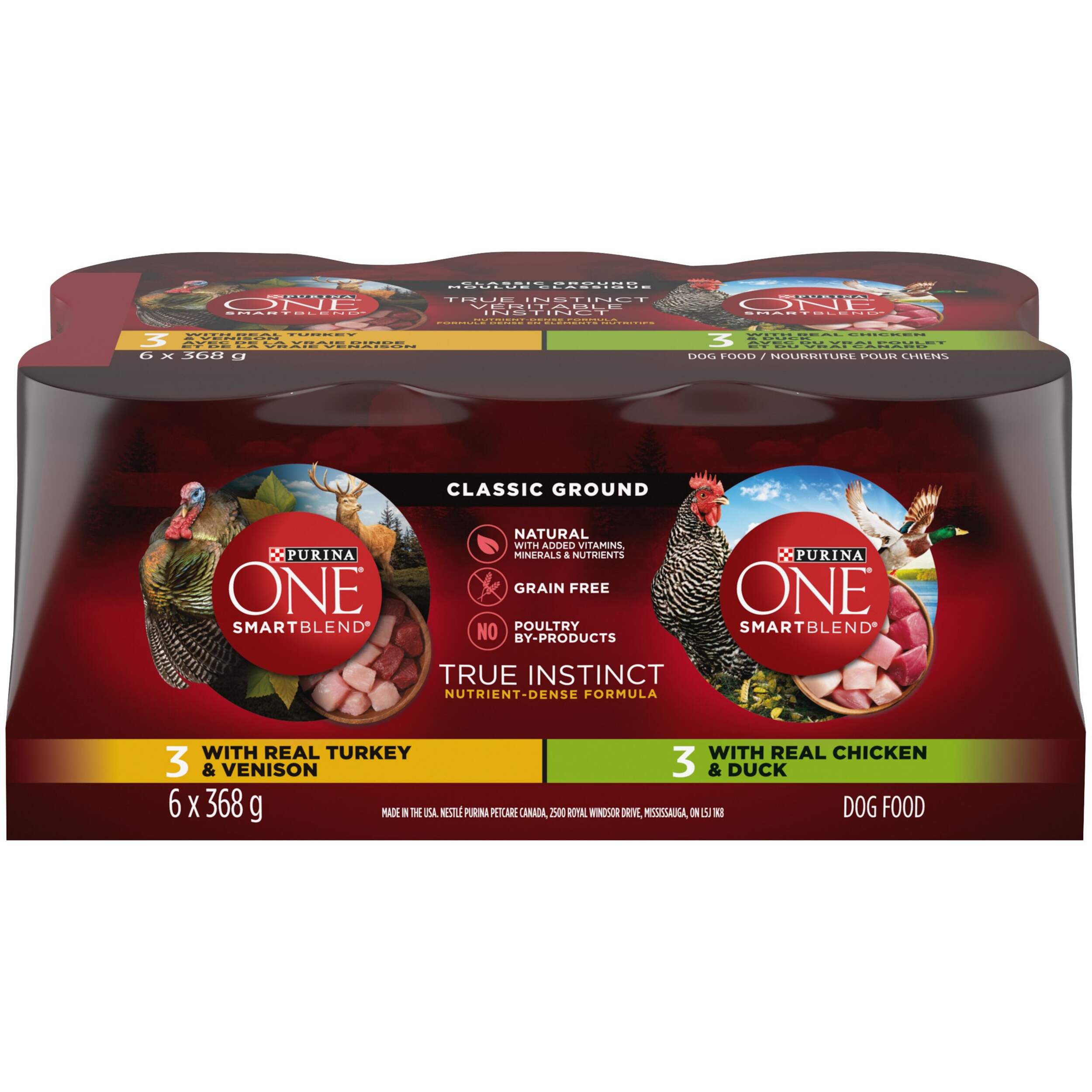 Nourriture humide pour chiens adultes Purina ONE dinde et venaison et poulet et canard, saveurs variées, 368 g, paq. 6 Front_Elevated