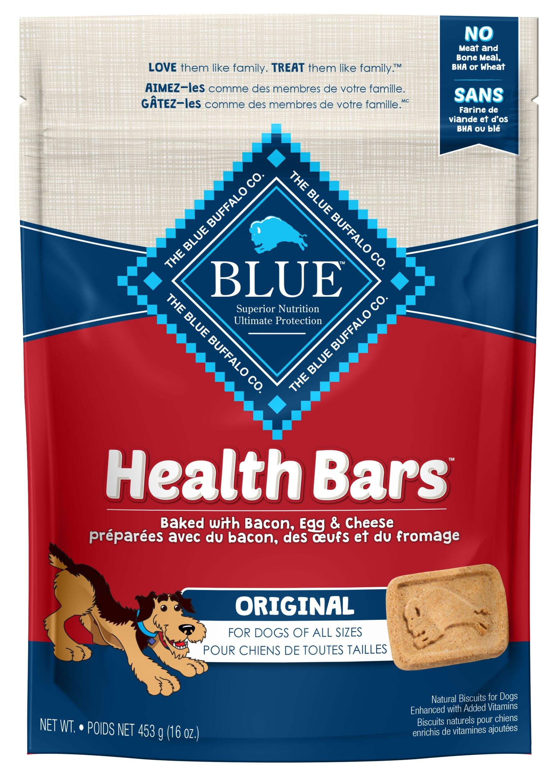 Gâteries santé pour chiens Blue Buffalo BLUE, barres bacon, oeufs et fromage, 453 g Front_Flat