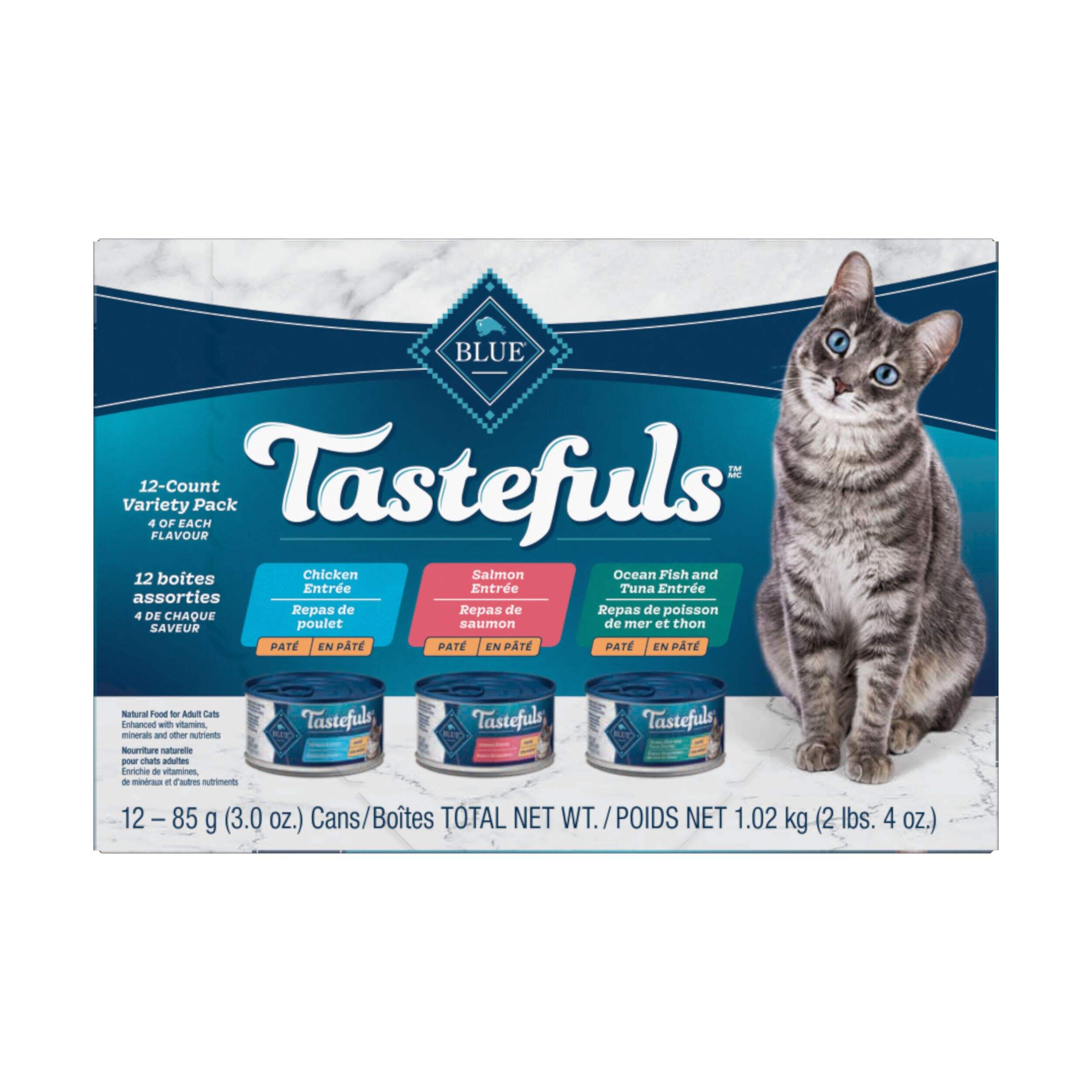 Blue Buffalo BLUE Tastefuls™ Salmon, Chicken & Fish/Tuna Paté Wet Cat Food Variety Pack, 3-oz, 12-pk Front_Flat