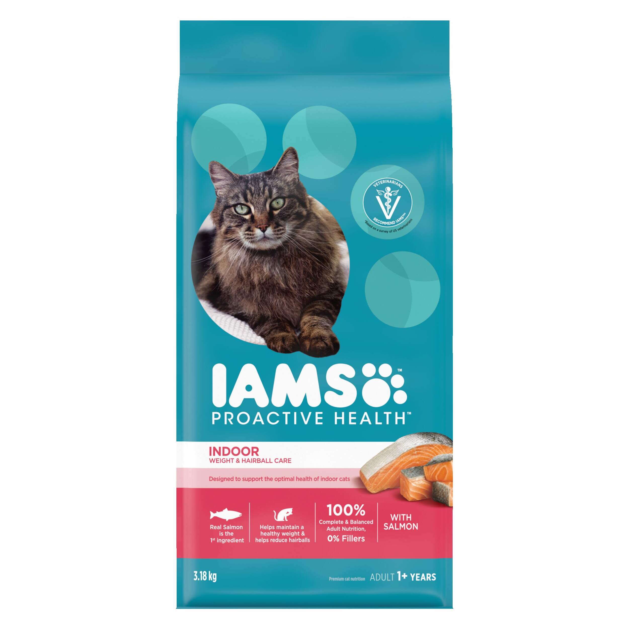 IAMS PROACTIVE HEALTH Adult Indoor Weight & Hairball Care Dry Cat Food with Salmon, 3.18-kg Front_Flat