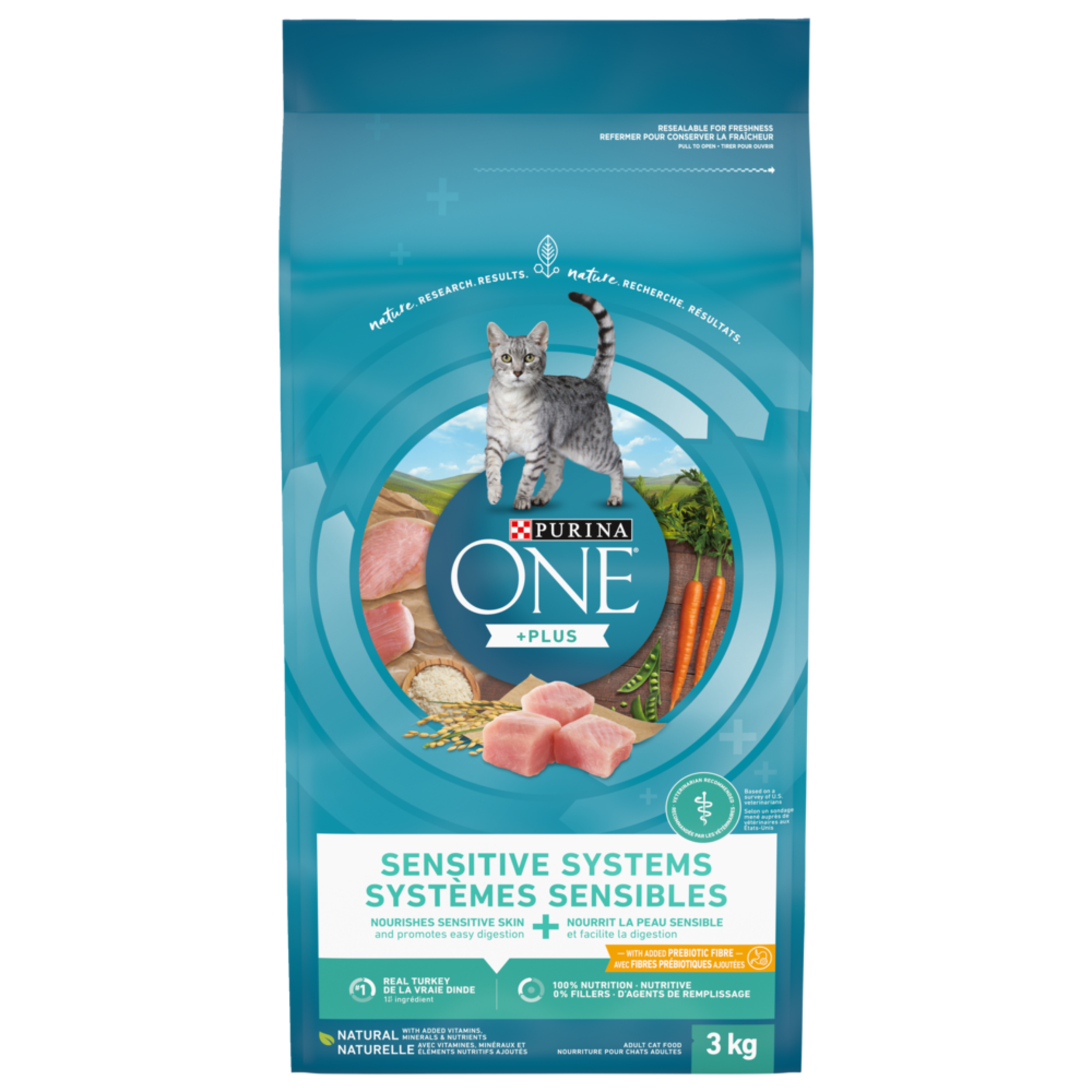Purina ONE Sensitive Systems Natural Adult Dry Cat Food, Turkey, 3-kg Front_Flat