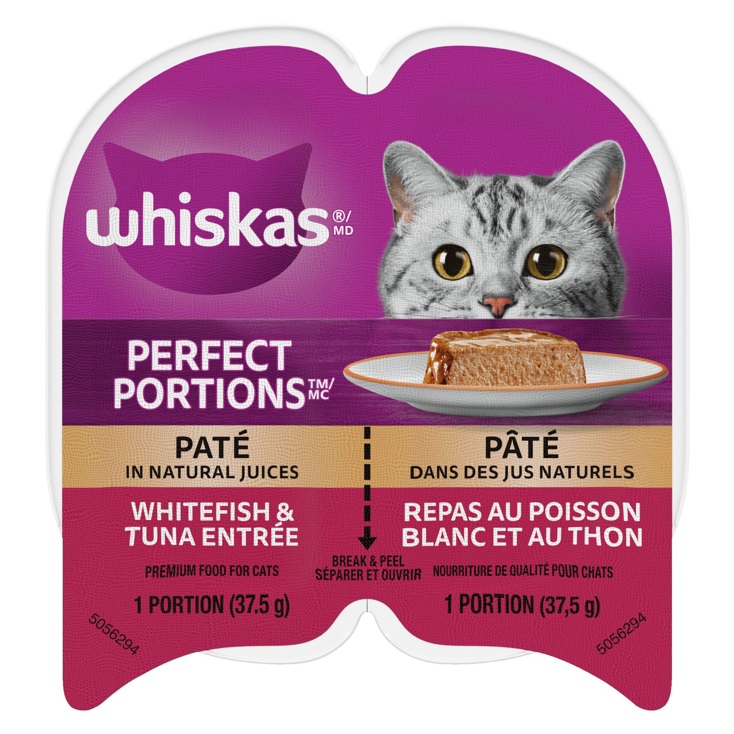 Nourriture crue pour chats en pâté Whiskas Perfect Portions, poisson blanc et thon, paquet de 2 portions, 75 g Front_Flat