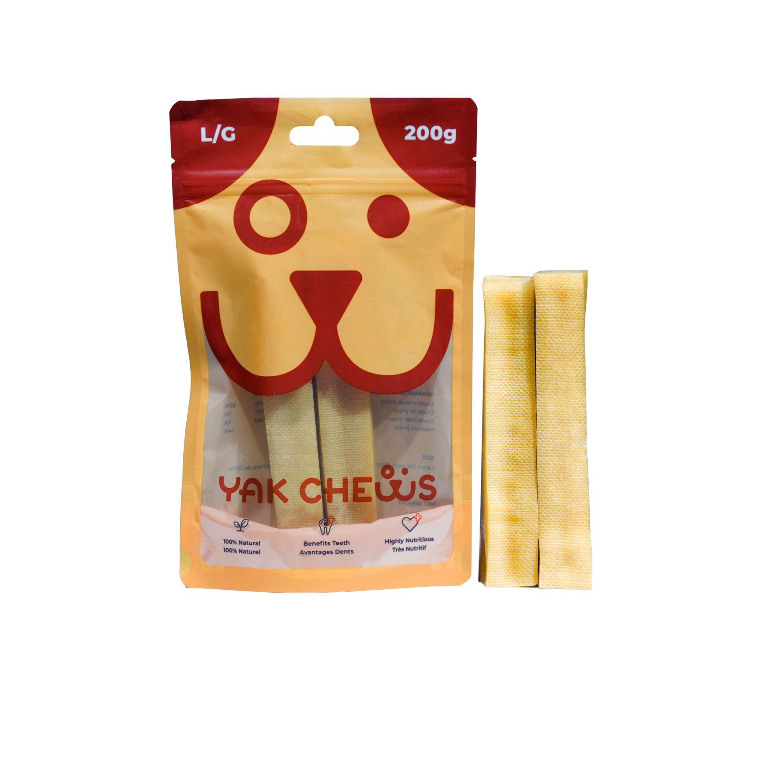 Bâtons de mastication pour chiens entièrement naturels, fromage de yak, grand, paq. 2, 200 g Front_Flat
