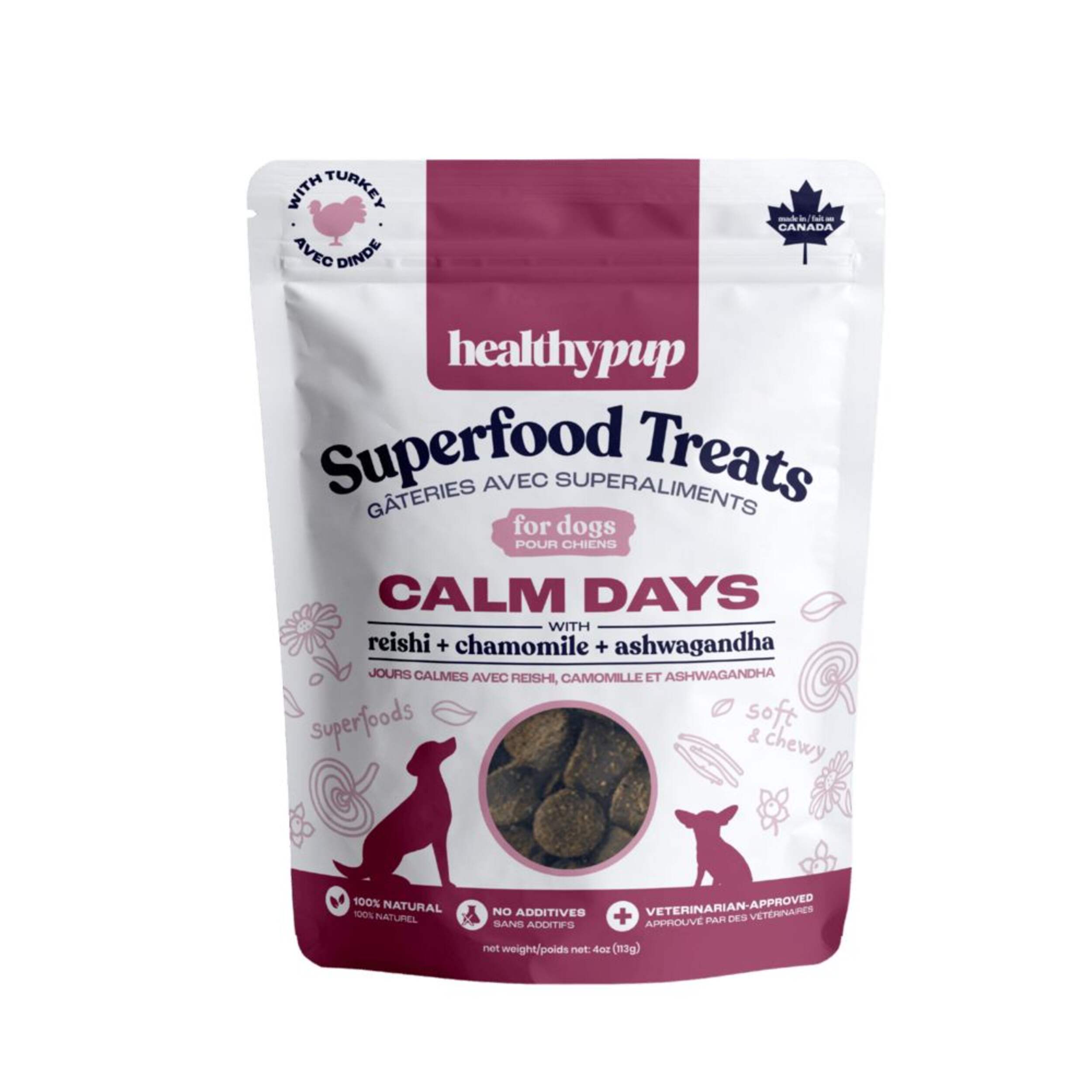Healthypup Superfood Calm Days Dog Treat with Reishi, Chamomile & Ashwagandha, 113-g Front_Flat
