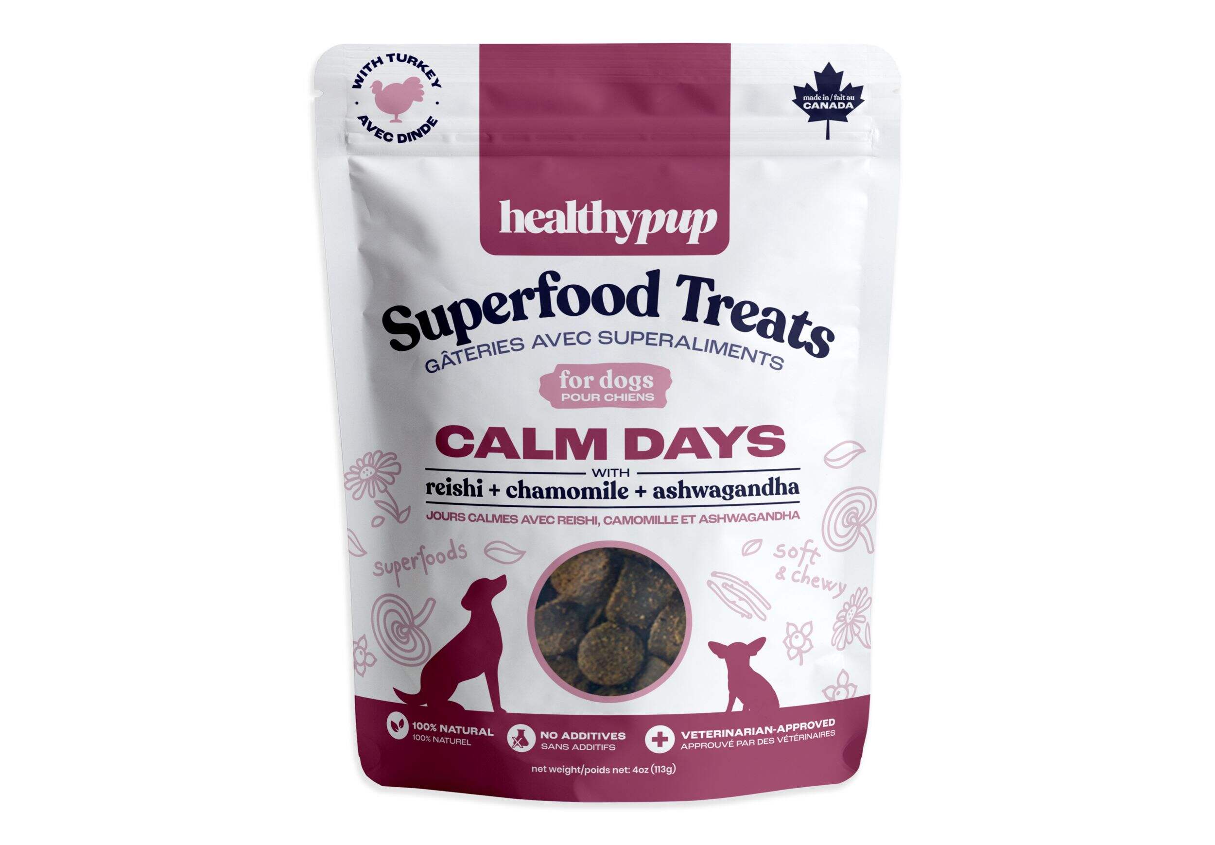 Healthypup Superfood Calm Days Dog Treat with Reishi, Chamomile & Ashwagandha, 113-g Front_Flat
