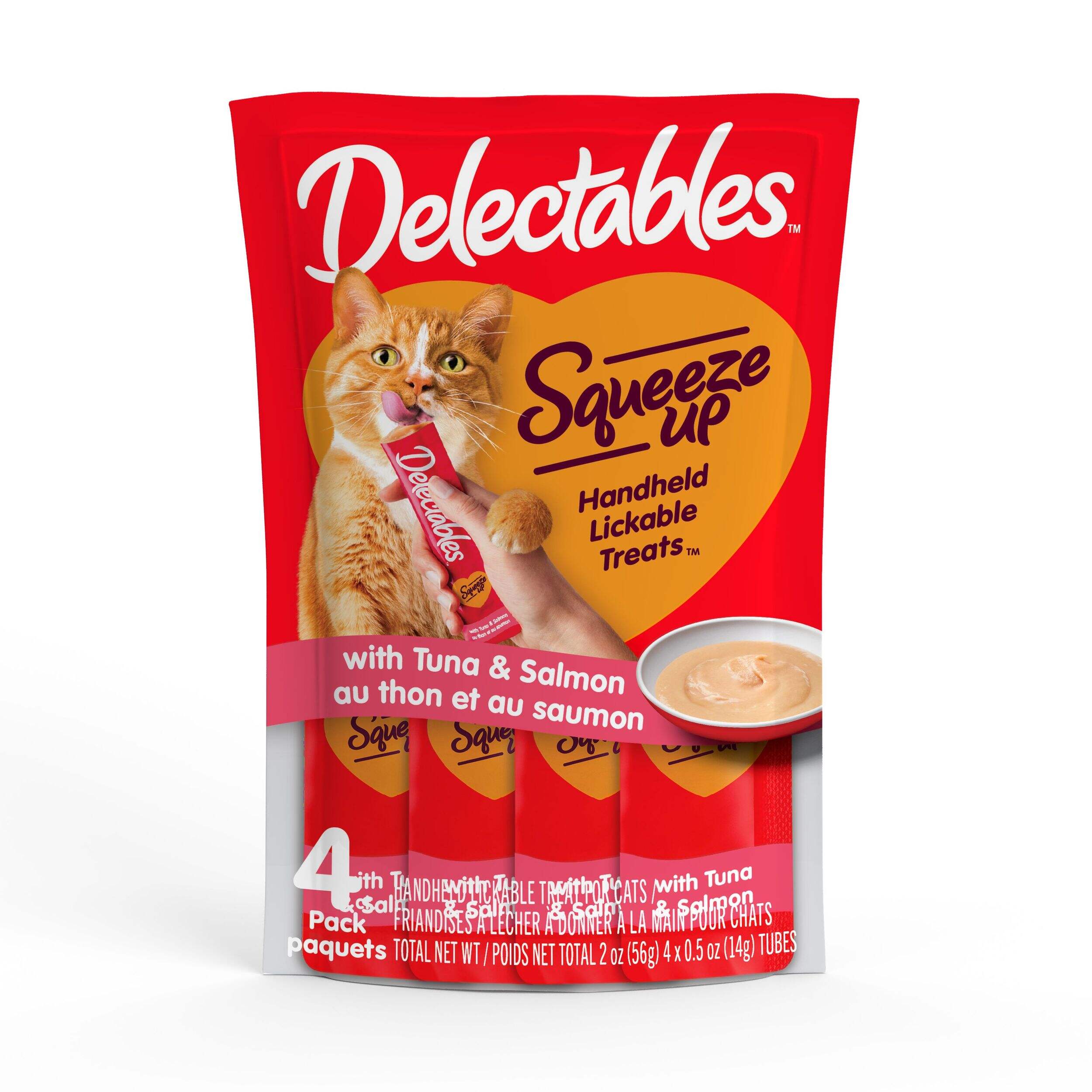 Hartz Delectables Squeeze Up Handheld Lickable Treats for Senior Cats, Tune & Salmon, 4-pk Front_Flat