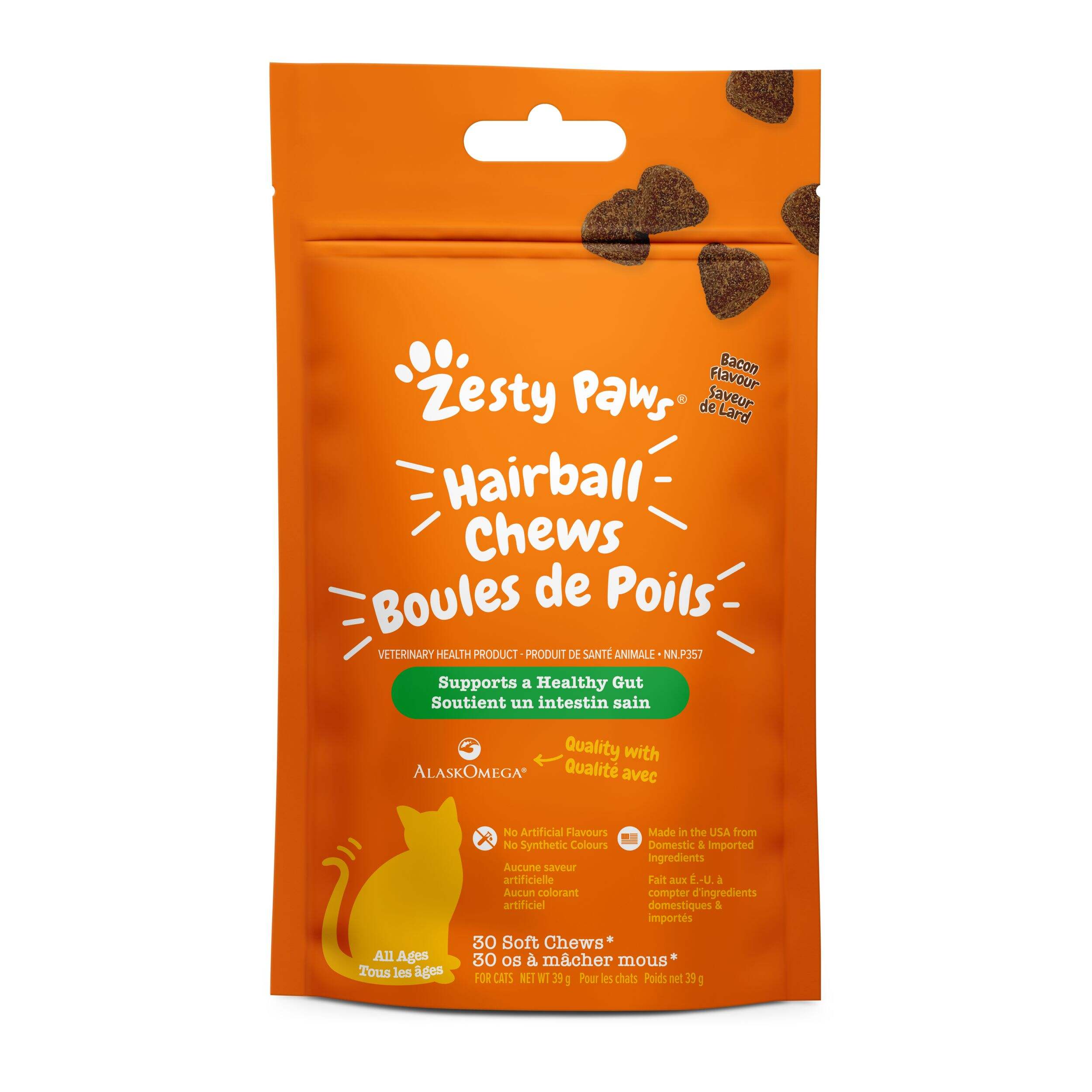 Zesty Paws Hairball Chews Digestive Supplement for Cats, Bacon Flavour, 30-pk Front_Flat