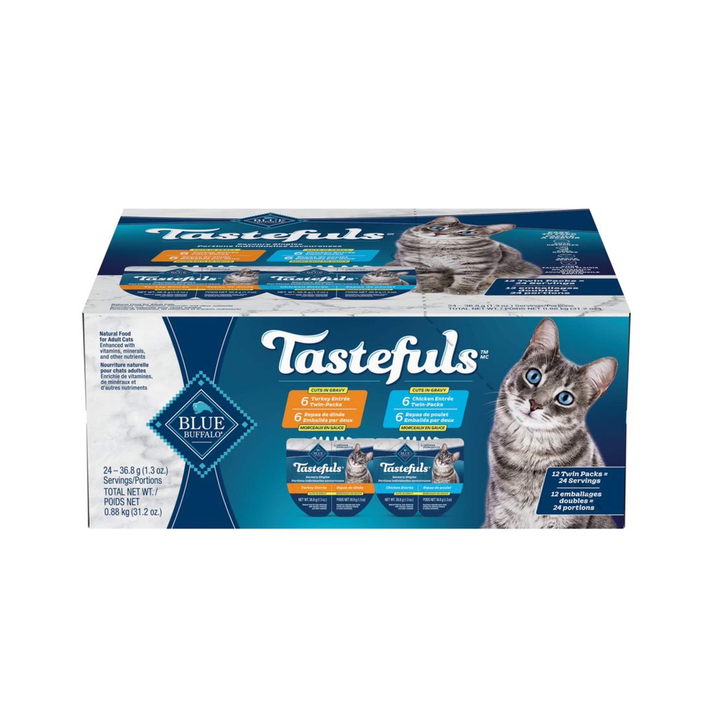 Blue Buffalo Tastefuls Singles Spoonless, chats adultes, entrées de pâté au poulet et à la dinde, assortiment, paq. 12 Front_Elevated