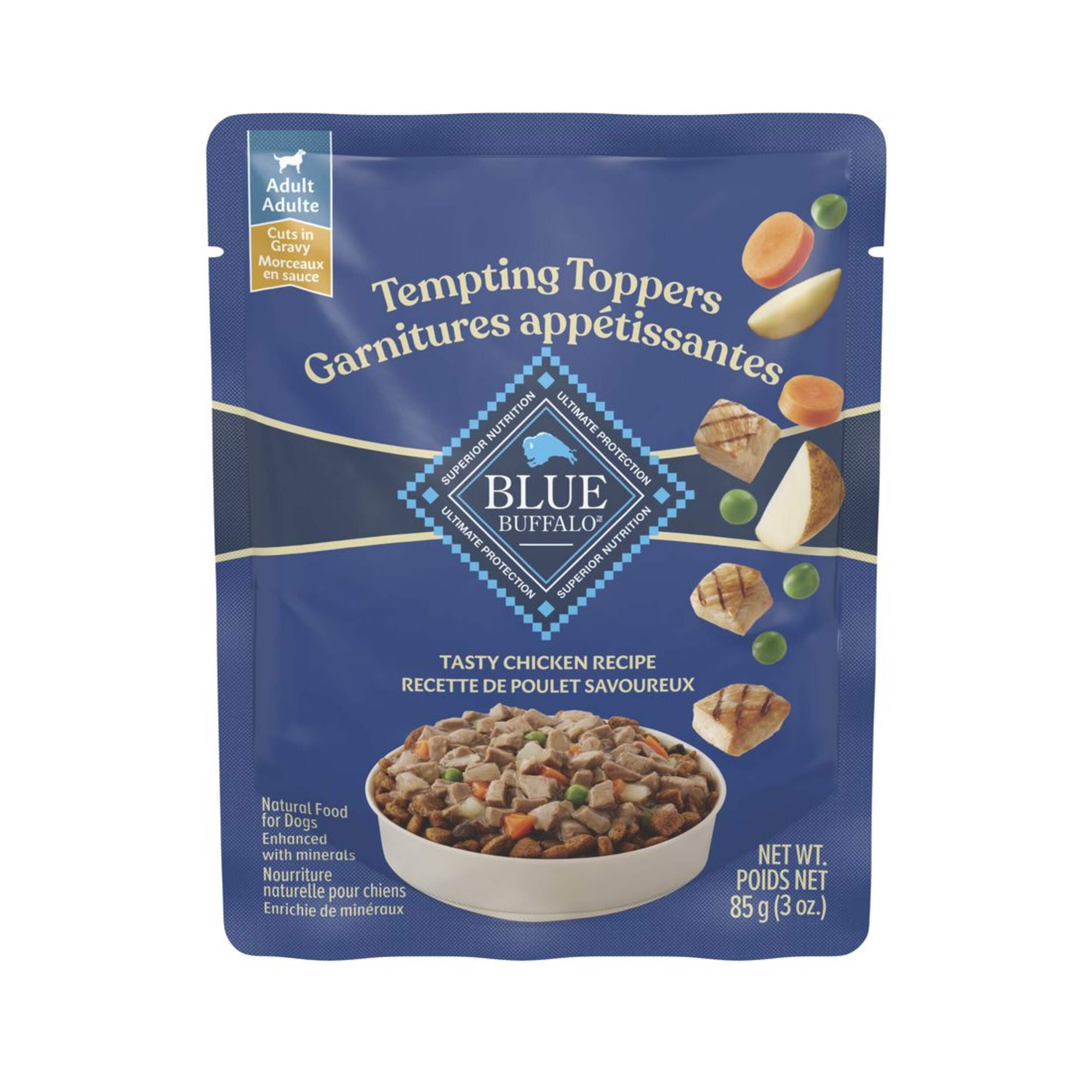 Blue Buffalo Tempting Toppers Natural Wet Dog Food Topper, Chicken Dinner Recipe Pouch, 85-g Front_Flat
