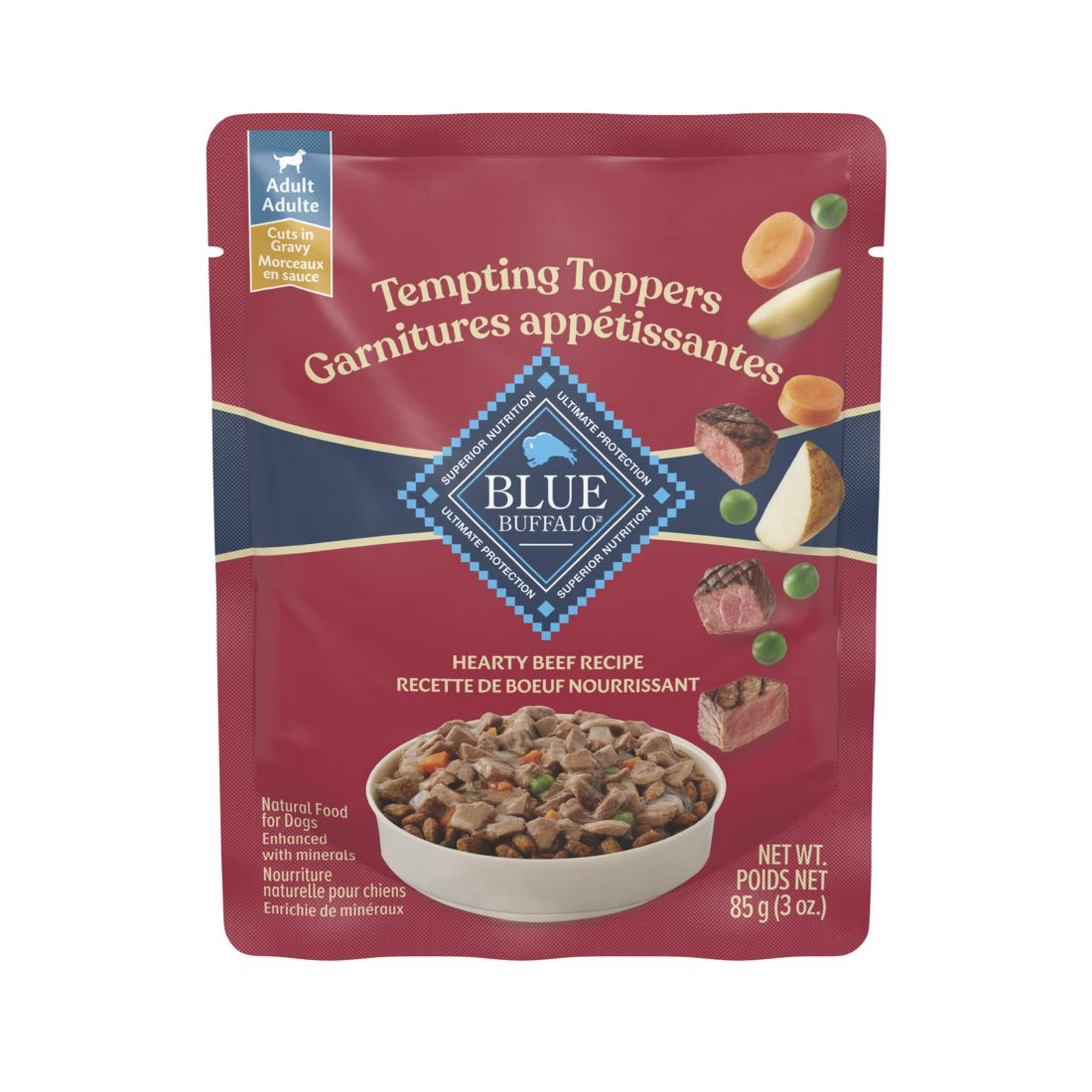 Blue Buffalo Tempting Natural Wet Dog Food Topper, Hearty Beef Dinner Recipe Pouch, 85-g Front_Flat