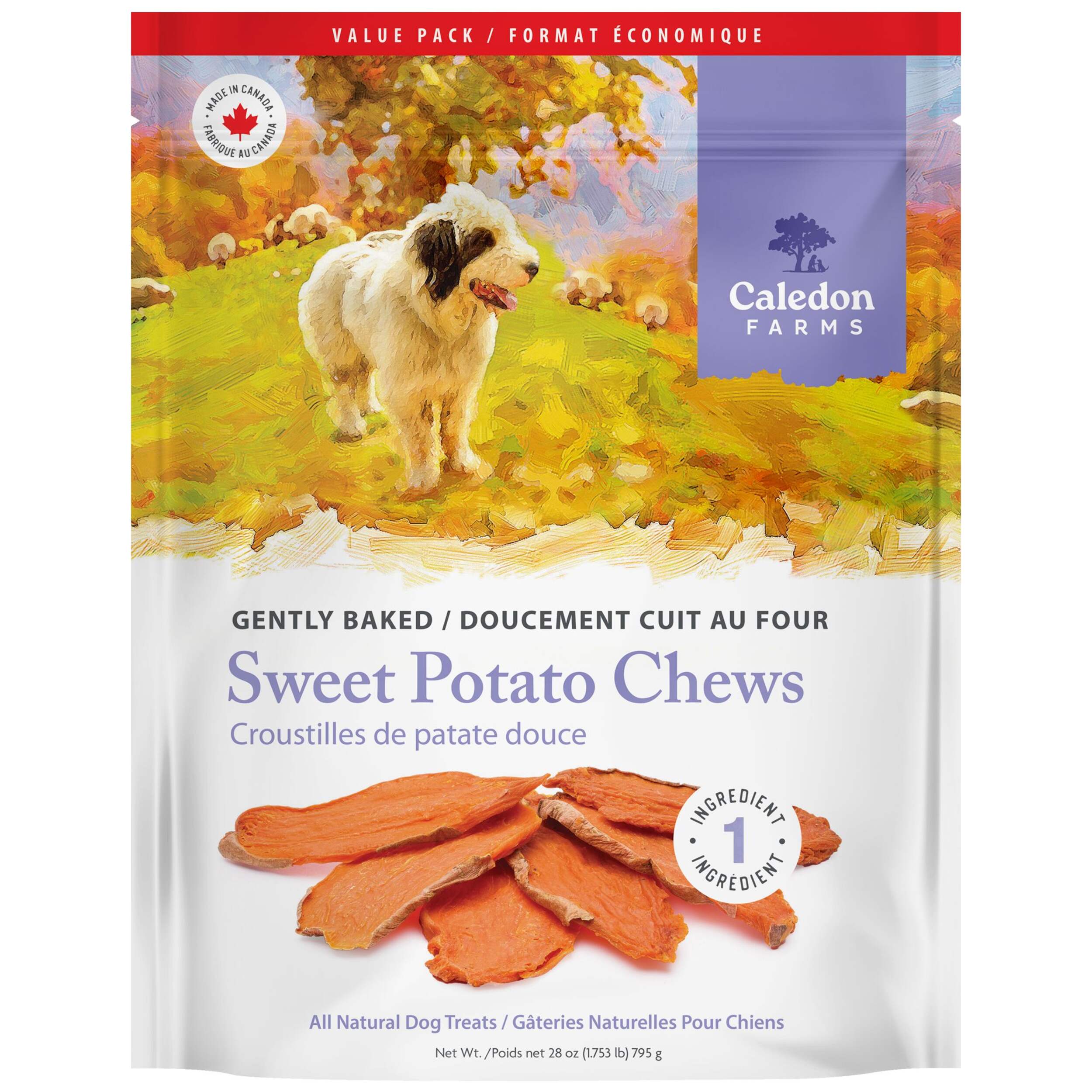 Gâteries à mâcher pour chiens entièrement naturelles Caledon Farms, patate douce, 795 g Front_Flat
