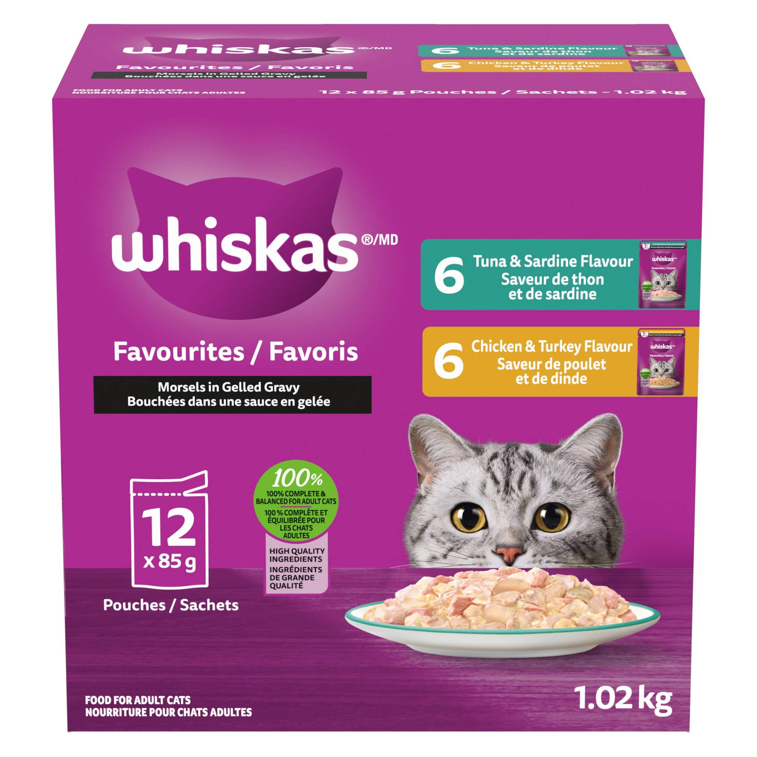 Whiskas Favourites Morsels in Gelled Gravy Seafood & Meat Flavour Adult Wet Cat Food Variety Pack, 85-g, 12-pk Front_Elevated