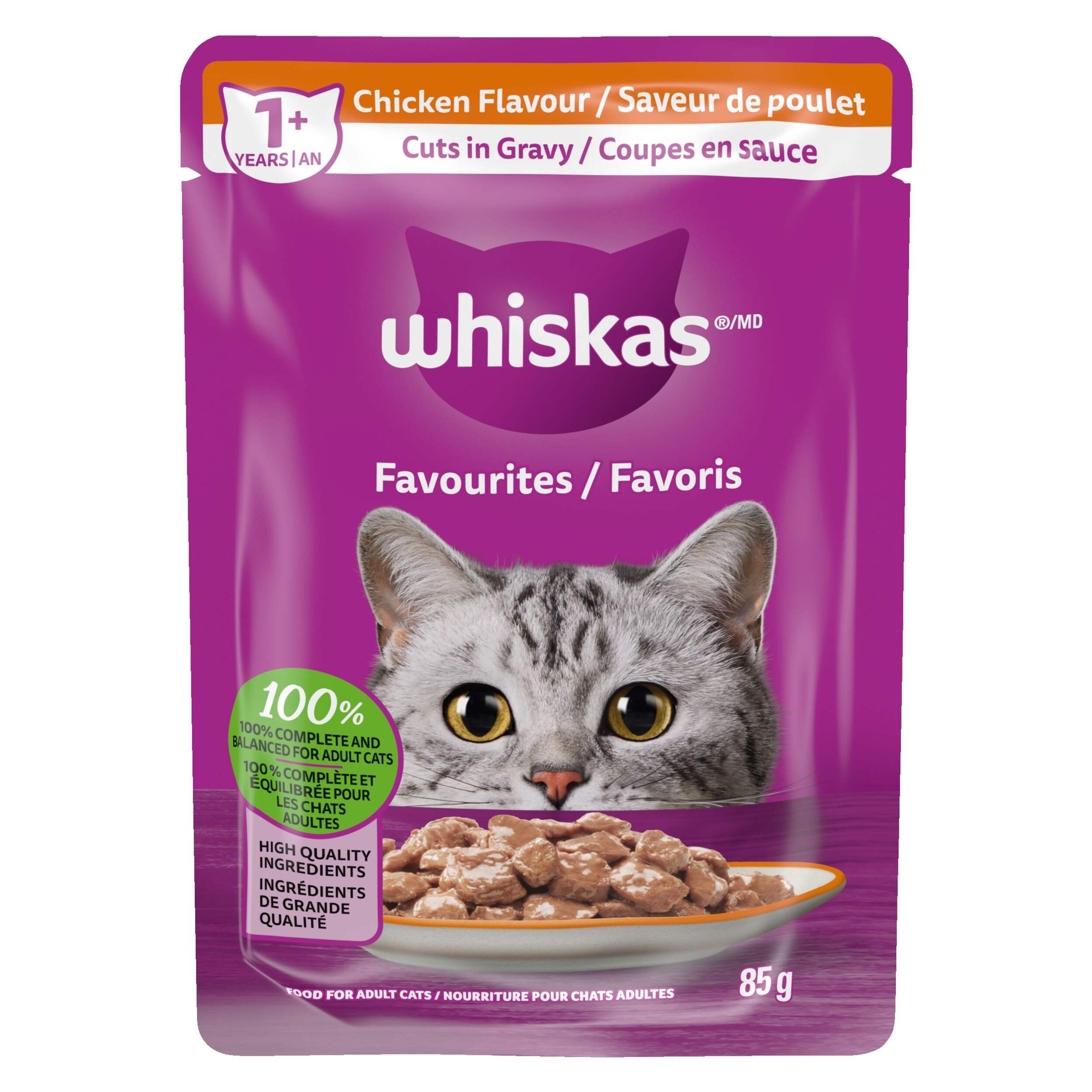 Nourriture humide pour chats adultes Whiskas Favorites Coupes en sauce, saveur de poulet, 85 g Front_Flat