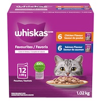 Whiskas Cuts in Gravy Chicken & Salmon Flavour Adult Wet Cat Food Variety Pack, 85-g, 12-pk Front_Elevated