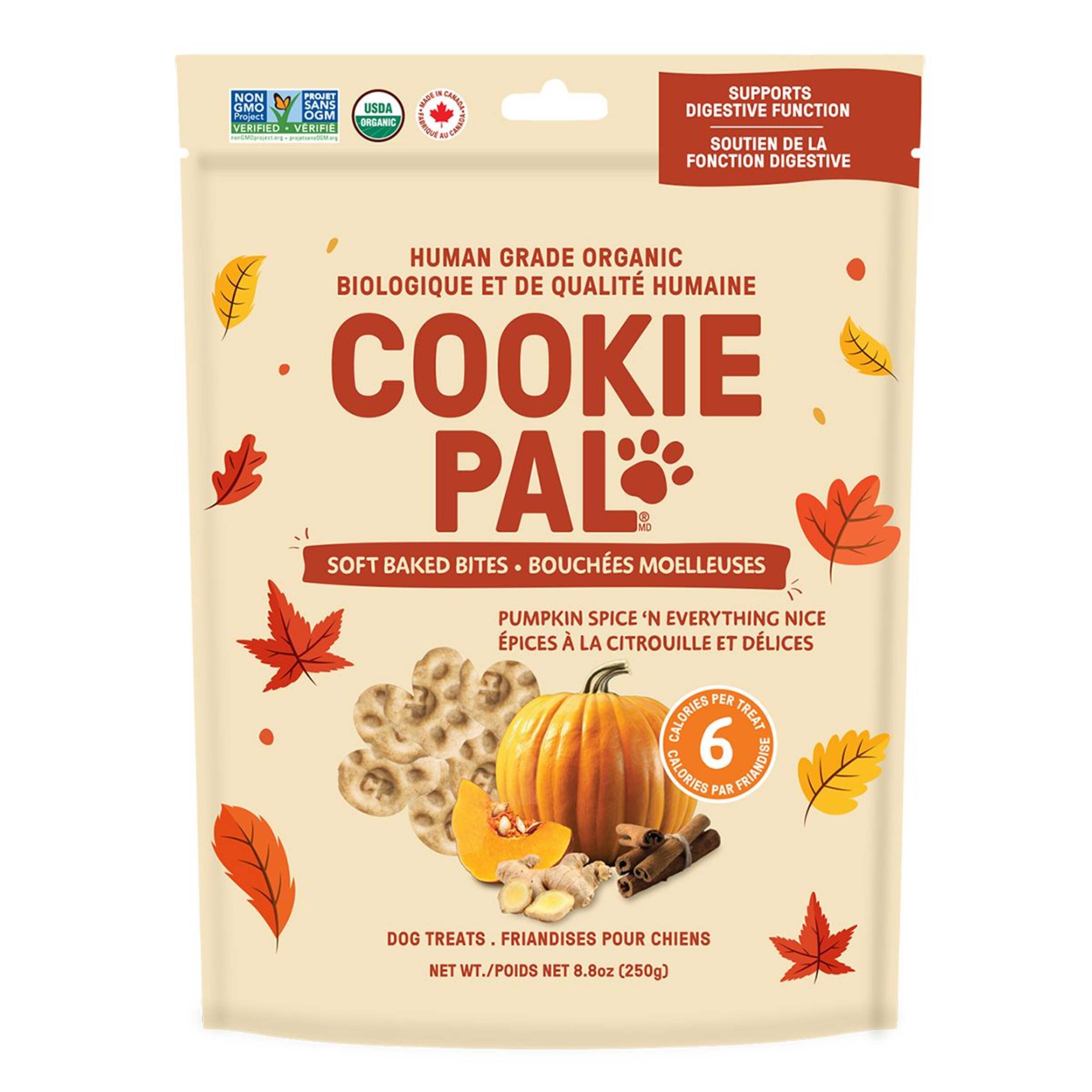 Gâteries tendres biologiques pour chiens Cookie Pal, épices à citrouille, 250 g Front_Flat