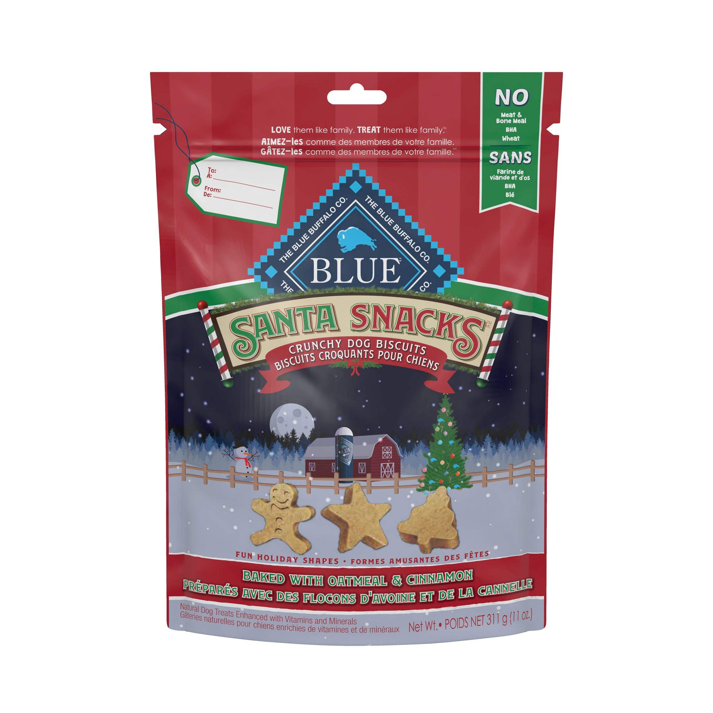 Blue Buffalo Santa Snacks Crunchy Dog Biscuits, Oatmeal & Cinnamon, 311-g Front_Flat