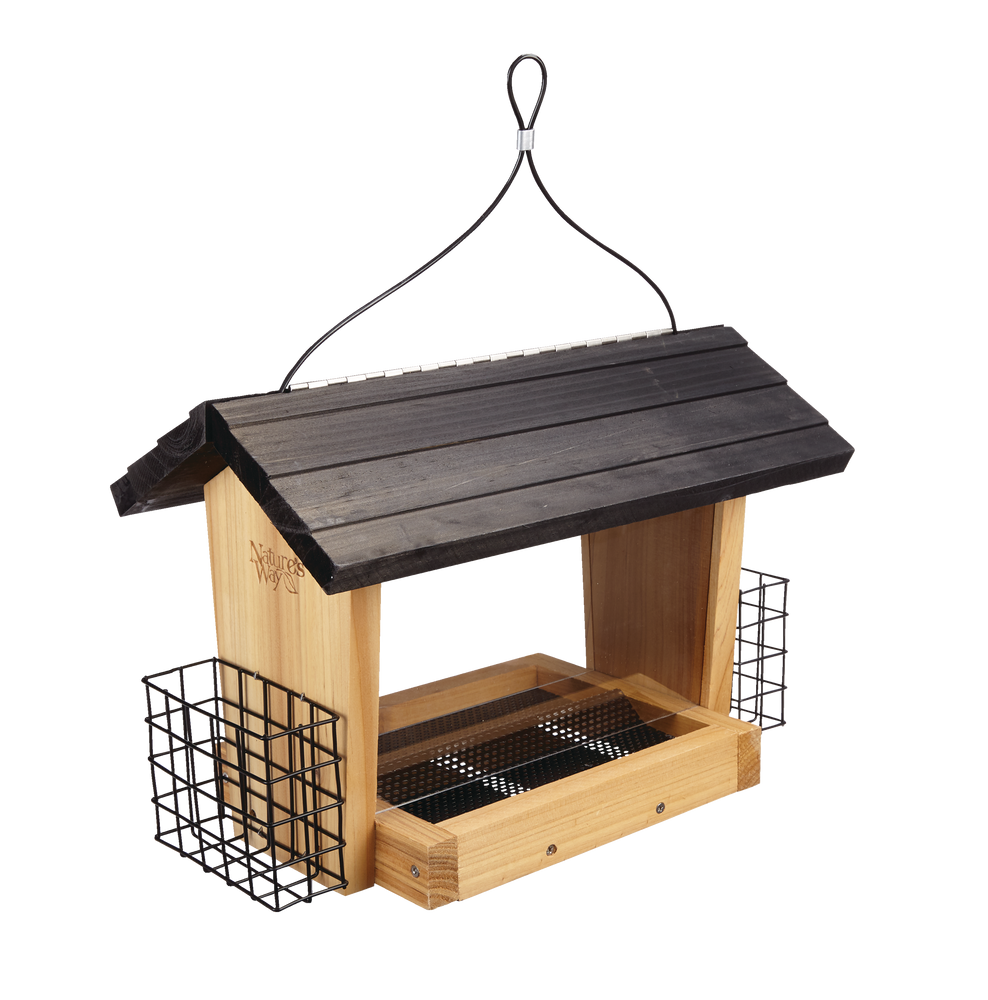 Nature's Way Cedar 6 Quart Hopper Bird Feeder with Suet Cages, 10.5in