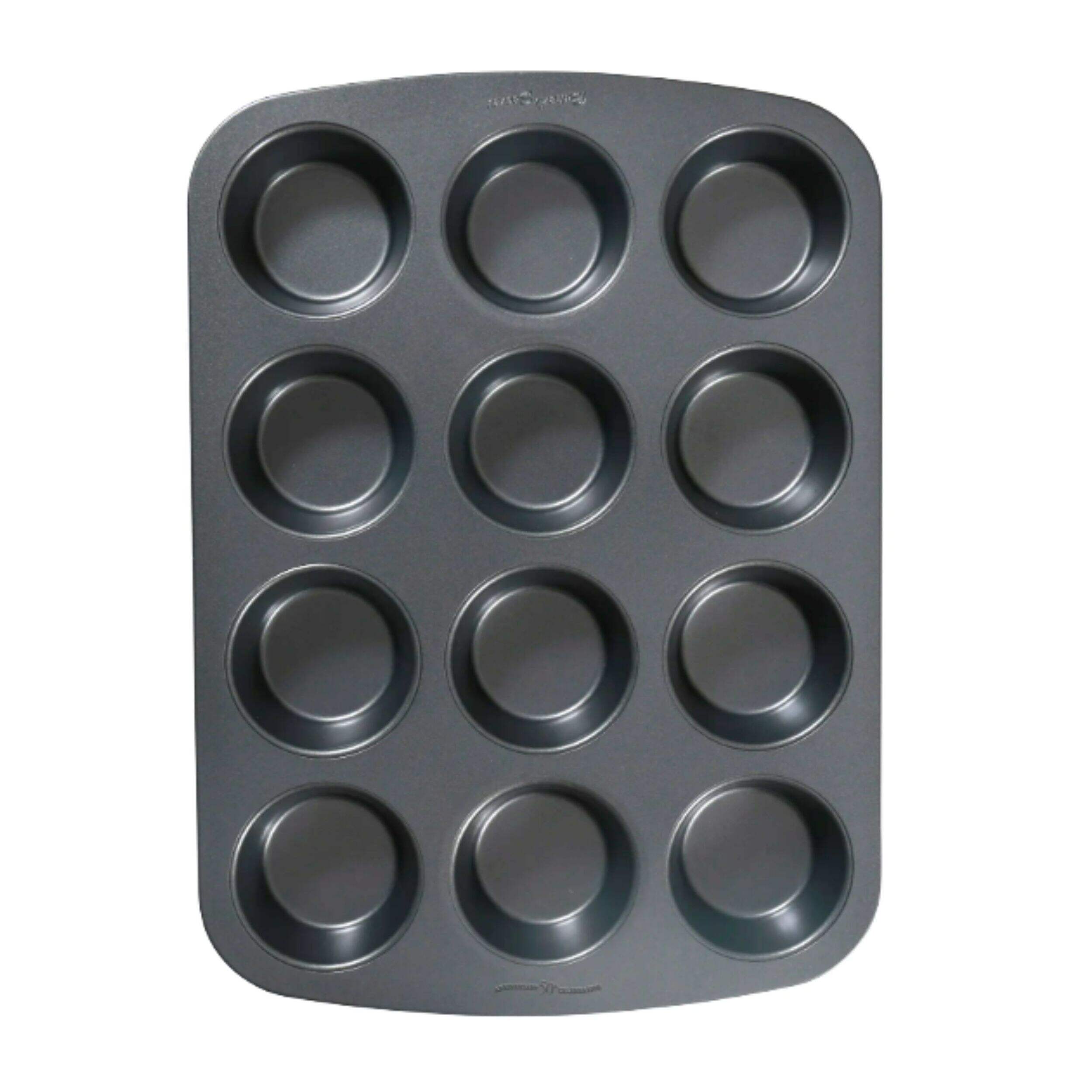 Moule à muffins réutilisable en acier au carbone Baker's Secret, 12 muffins, gris, pour cuisson Overhead_Flat