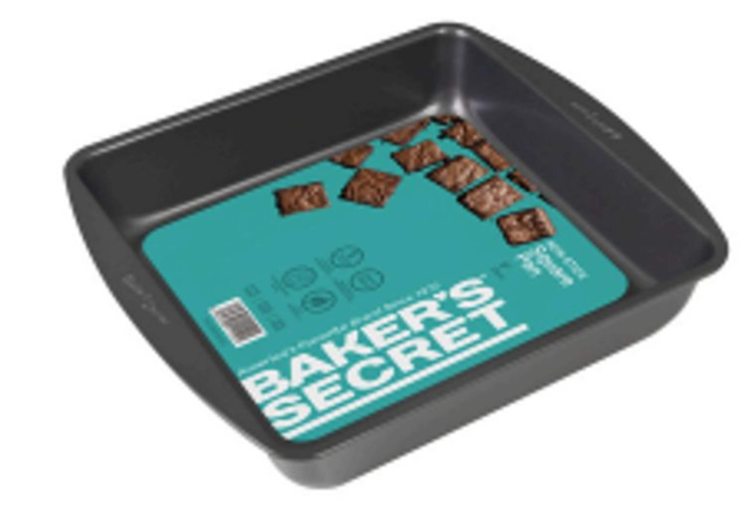 Baker's Secret Square Carbon Steel Reusable Cake Pan, Grey, 9-in, for Baking Front_Angled_Right