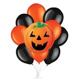 Smiling Pumpkin Balloon Bouquet with Latex Balloons, Black/Orange, 10-pk, Helium Inflation & Ribbon Included for Halloween Front_Flat
