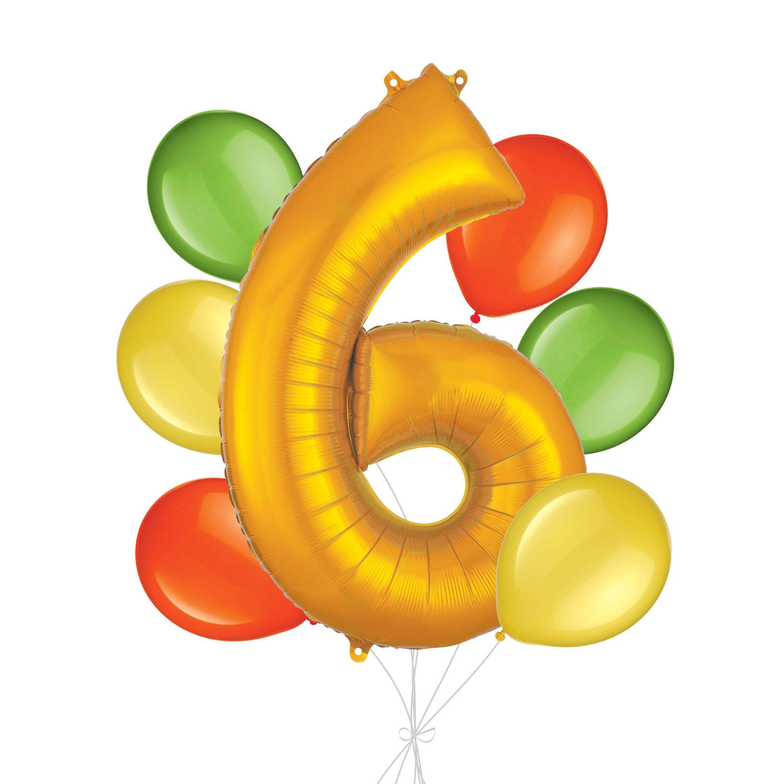 Number "6" Gold Balloon Bouquet with Latex Balloons, Kiwi/Yellow/Orange, 7-pk, Helium Inflation & Ribbon Included for Birthday/Anniversary Front_Flat