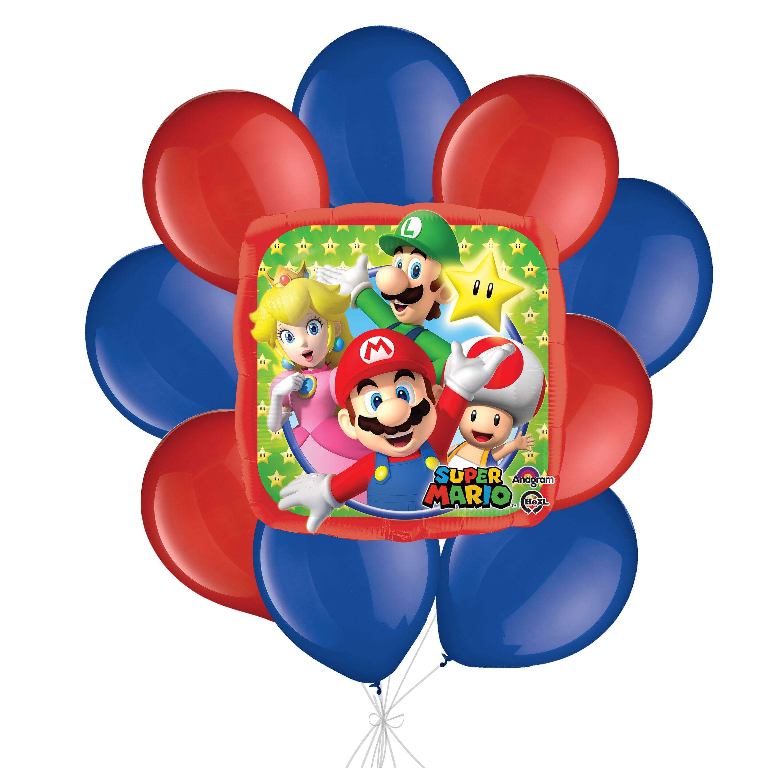 “Super Mario” Square Balloon Bouquet with Latex Balloons, Royal Blue/Red, 10-pk, Helium Inflation & Ribbon Included for Kids’ Birthday Front_Flat