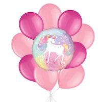 Enchanted Unicorn Balloon Bouquet with Latex Balloons, Light Pink/Bright Pink, 10-pk, Helium Inflation & Ribbon Included for Kids’ Birthday Front_Flat