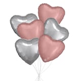 Heart Foil Balloon Bouquet, Rose Gold/Silver, 6-pk, Helium Inflation & Ribbon Included for Birthday/Special Occasion Front_Flat