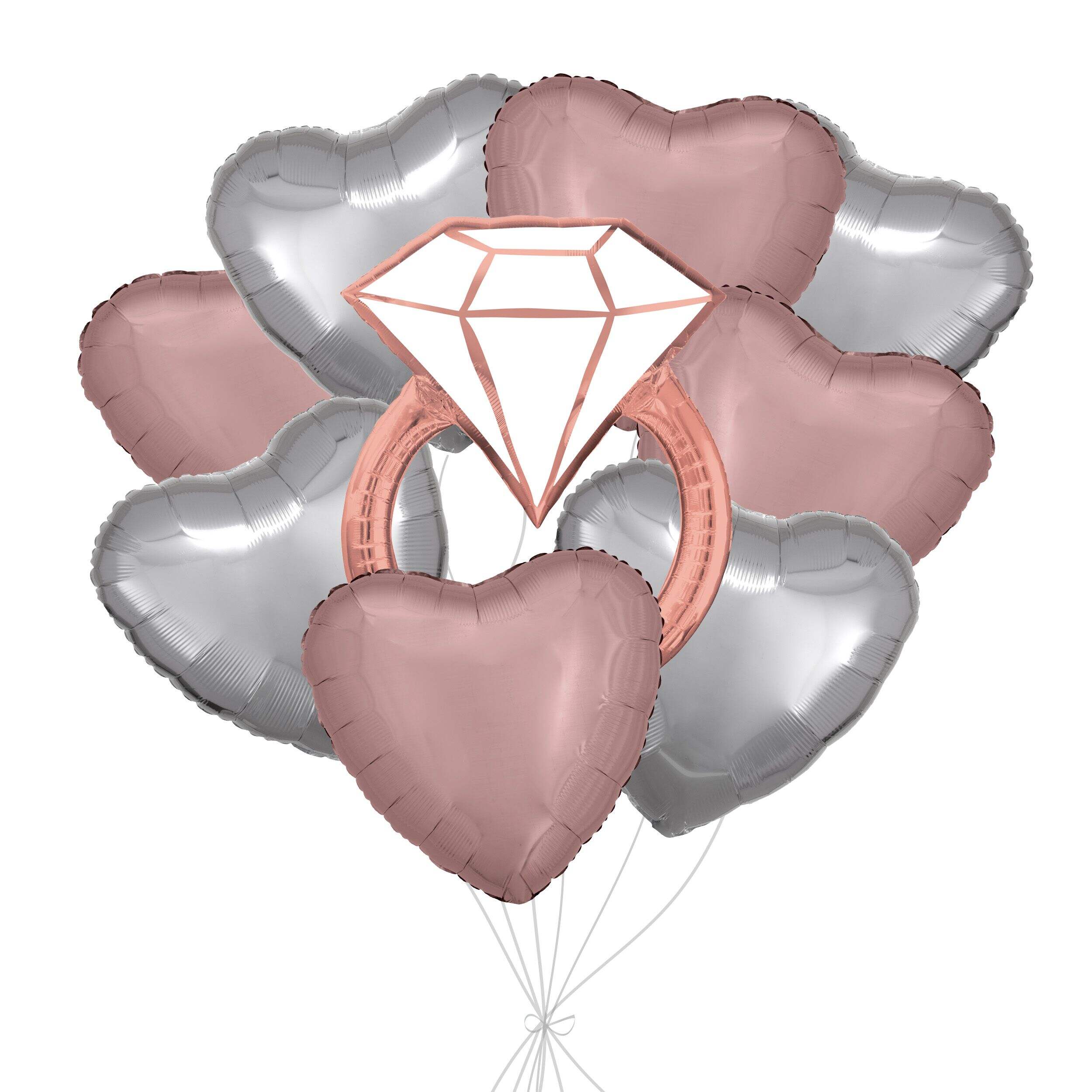 Engagement Ring Supershape Balloon Bouquet with Heart Foil Balloons, Rose Gold/Silver, 9-pk, Helium Inflation & Ribbon Included Front_Flat