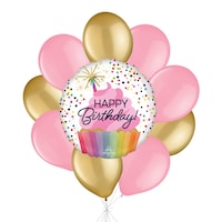 ¿Happy Birthday¿ Confetti Sprinkle Balloon Bouquet with Latex Balloons, Gold/New Pink, 10-pk, Helium Inflation & Ribbon Included