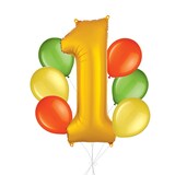Number "1" Gold Balloon Bouquet with Latex Balloons, Kiwi/Yellow/Orange, 7-pk, Helium Inflation & Ribbon Included for Birthday/Anniversary Front_Flat