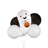 Trick or Treat Ghost Supershape Balloon Bouquet with Round Foil Balloons, White/Black, 5-pk, Helium Inflation & Ribbon Included for Halloween Front_Flat