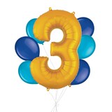 Number "3" Gold Balloon Bouquet with Latex Balloons, Caribbean Blue/Royal Blue, 7-pk, Helium Inflation & Ribbon Included for Birthday/Anniversary Front_Flat