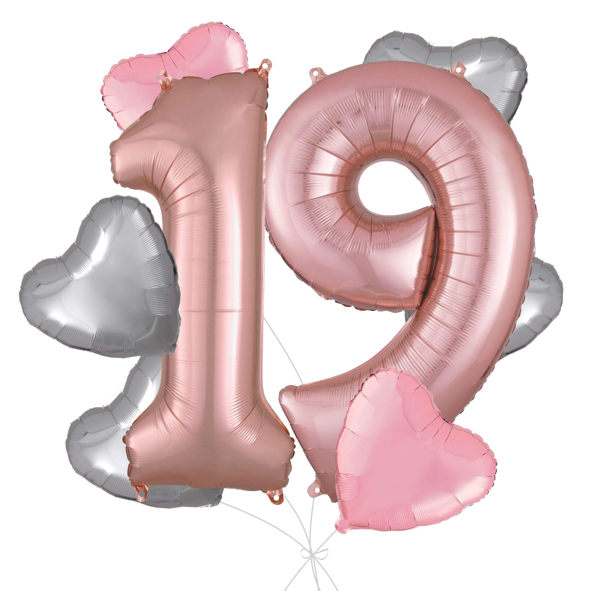 Number "19" Rose Gold Balloon Bouquet with Heart Foil Balloons, Silver/Pink, 8-pk, Helium Inflation & Ribbon Included for Birthday Front_Flat