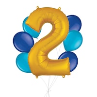 Bouquet de ballons, chiffre 2 doré avec ballons en latex, bleu Caraïbes et bleu royal, paq. 7, gonflage à l'hélium et ruban inclus pour anniversaire