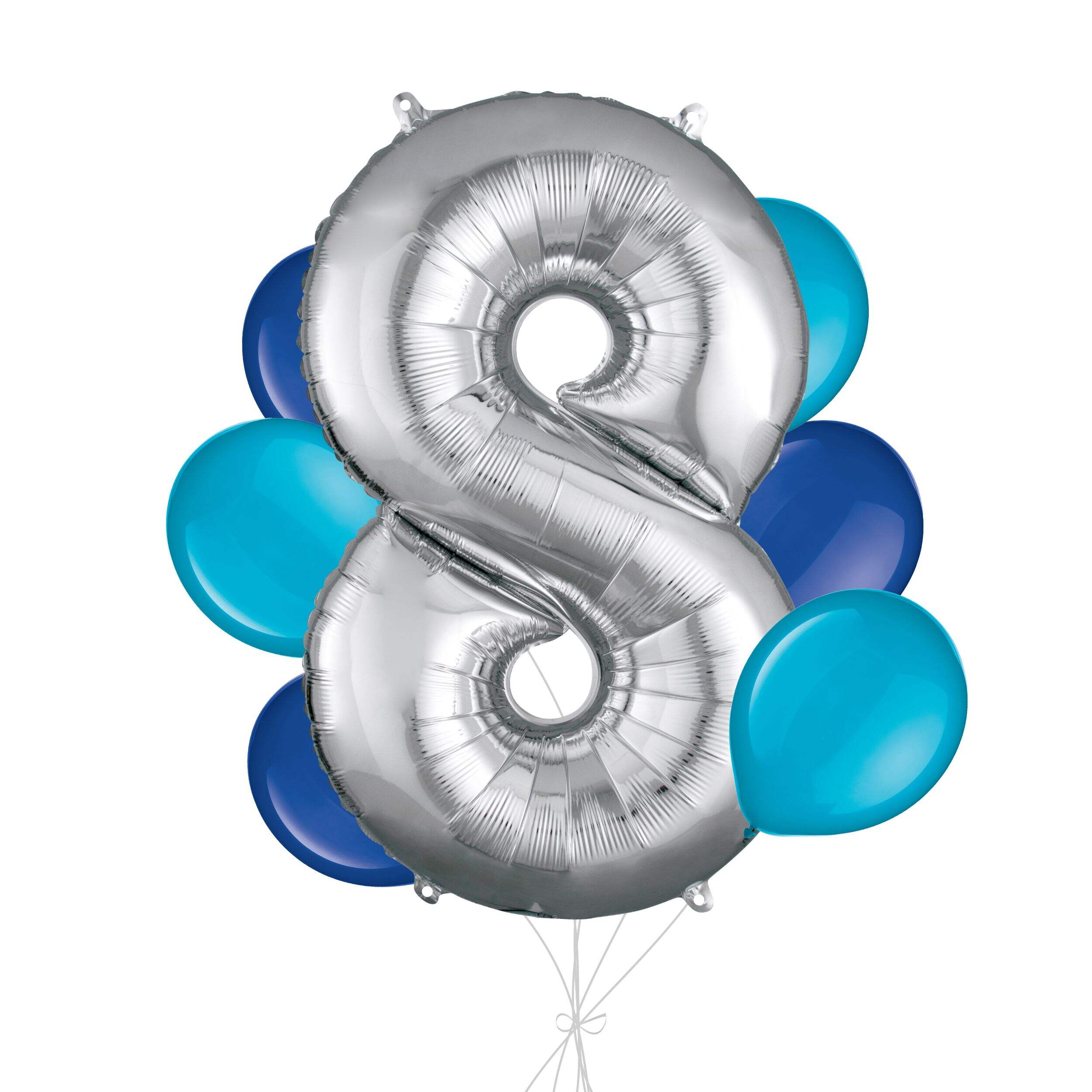 Number "8" Silver Balloon Bouquet with Latex Balloons, Caribbean Blue/Royal Blue, 7-pk, Helium Inflation & Ribbon Included for Birthday/Anniversary Front_Flat
