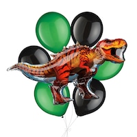 Jurassic World Dinosaur Supershape Balloon Bouquet with Latex Balloons, Festive Green/Black, 7-pk, Helium Inflation & Ribbon Included for Kids’ Birthday Front_Flat