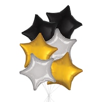 Star Foil Balloon Bouquet, Gold/Silver/Black, 6-pk, Helium Inflation & Ribbon Included for Birthday/Special Occasion