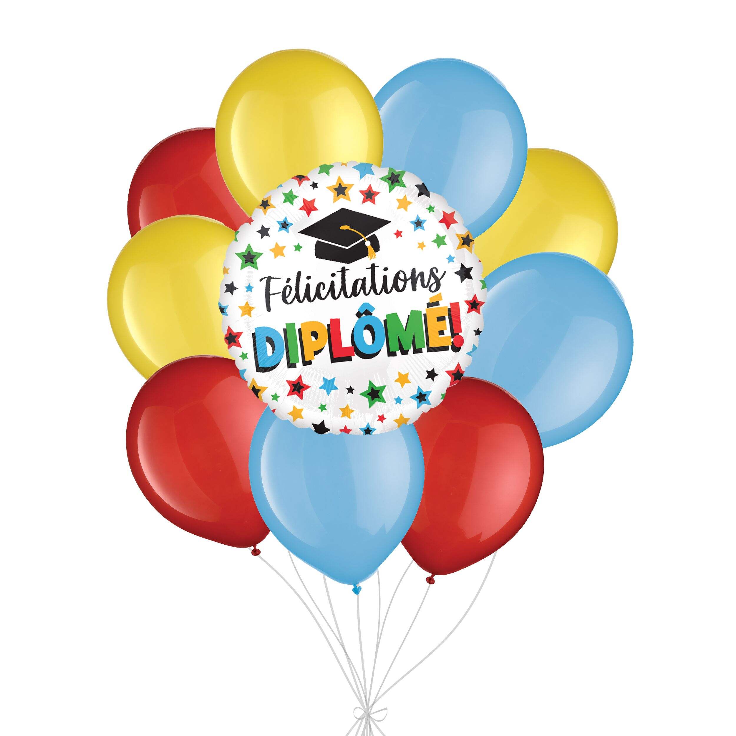 Bouquet de ballons scintillants «&nbsp;Félicitations Diplôme!&nbsp;» étoiles colorées avec ballons en latex bleus, rouges et jaunes, paq.&nbsp;10, gonflage à l’hélium et ruban inclus Front_Flat