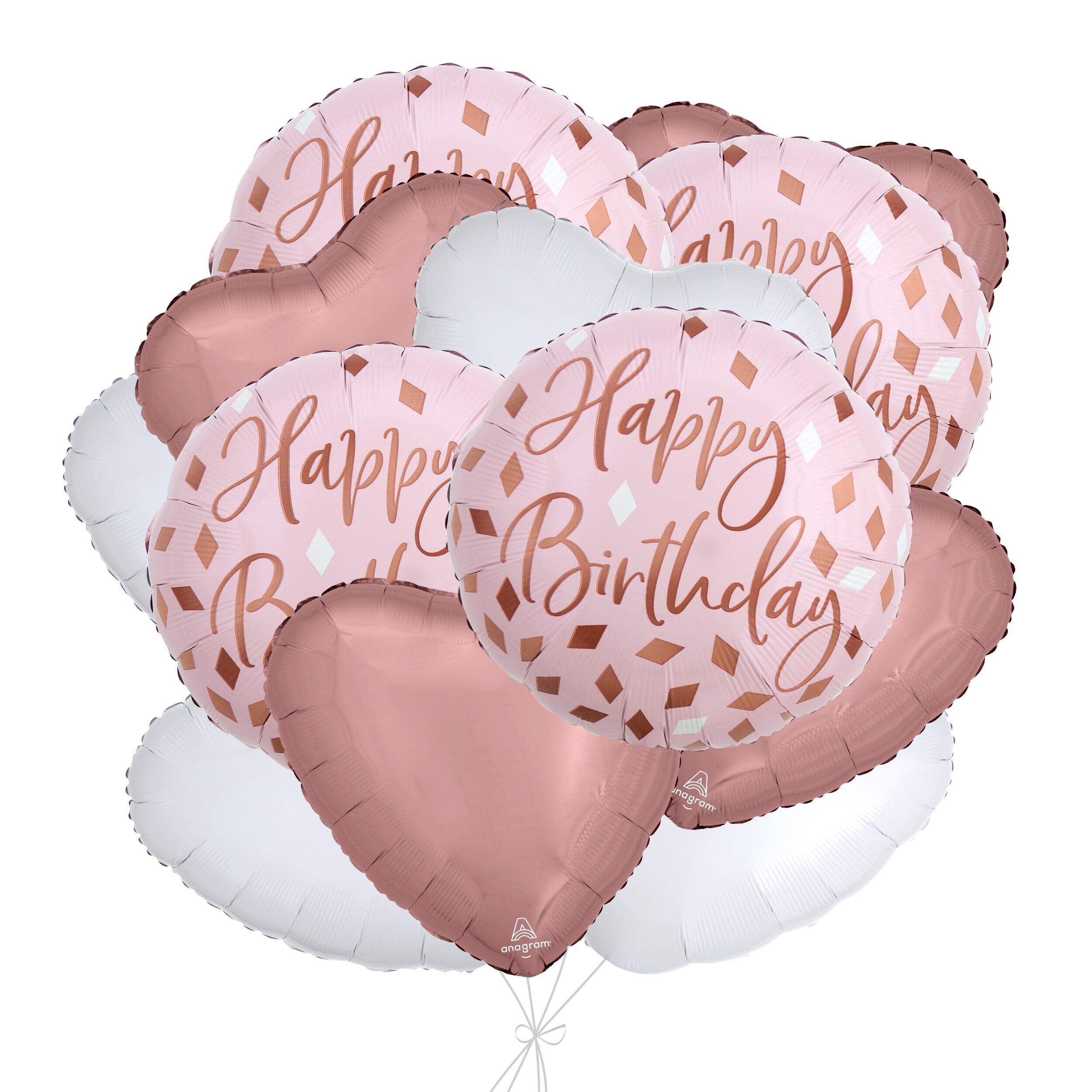 Bouquet de ballons rose Happy Birthday avec ballons en aluminium en forme de coeur roses dorés et blancs, paq. 12, gonflage à l'hélium et ruban inclus Front_Flat