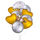 "Baby Shower" Hugs and Stitches Bear Supershape Balloon Bouquet with Heart and Circle Foil Balloons, Gold/Silver, 9-pk, Helium Inflation & Ribbon Included Front_Flat