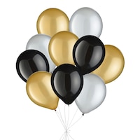 Round Pearl Latex Balloon Bouquet, Gold/Silver/Black, 12-in, 10-pk, Helium Inflation & Ribbon Included for New Year¿s Eve/Special Occasion