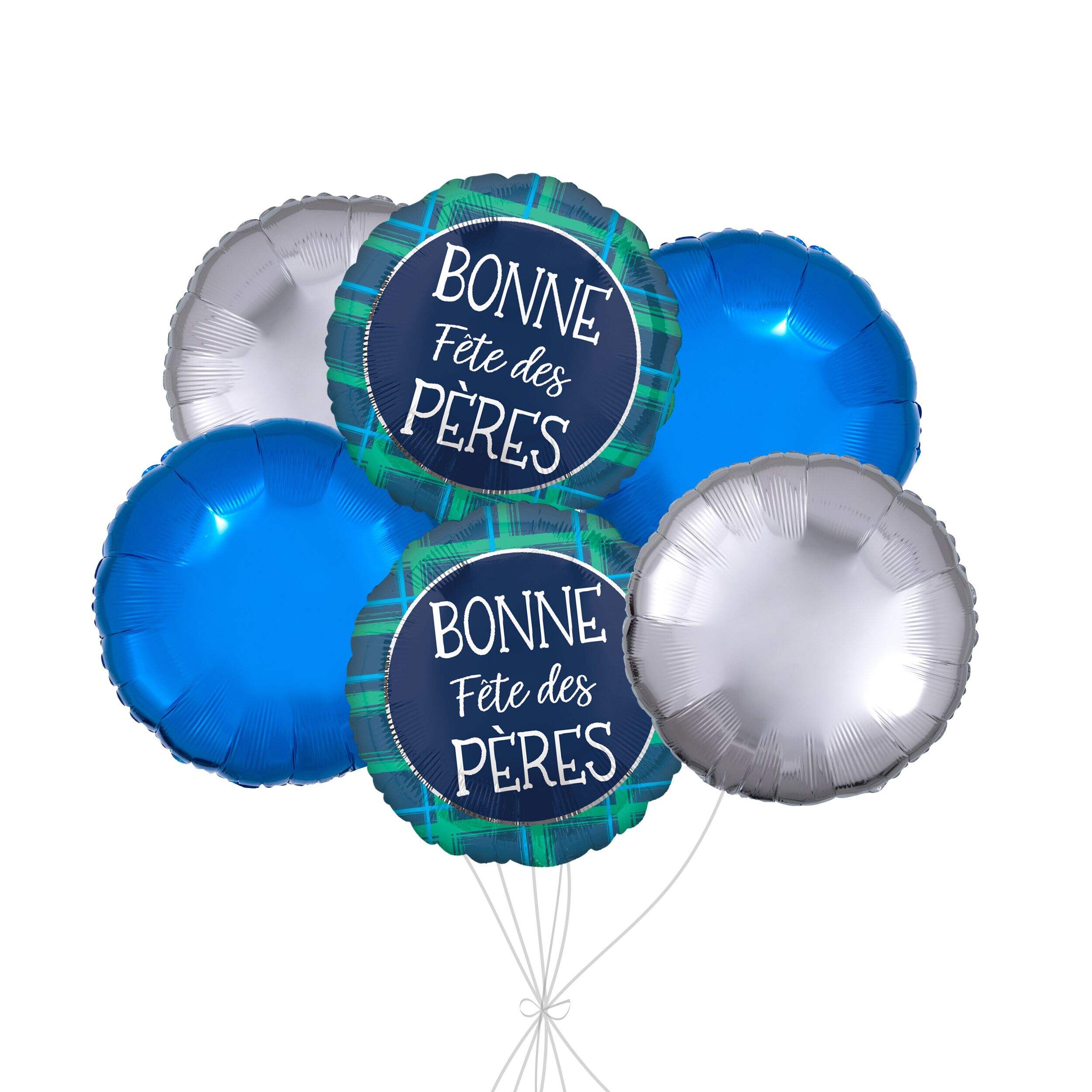 “Bonne Fête des Pères” French Happy Father's Day Plaid Balloon Bouquet with Round Balloons, Blue/Silver, 6-pk, Helium Inflation & Ribbon Included Front_Flat