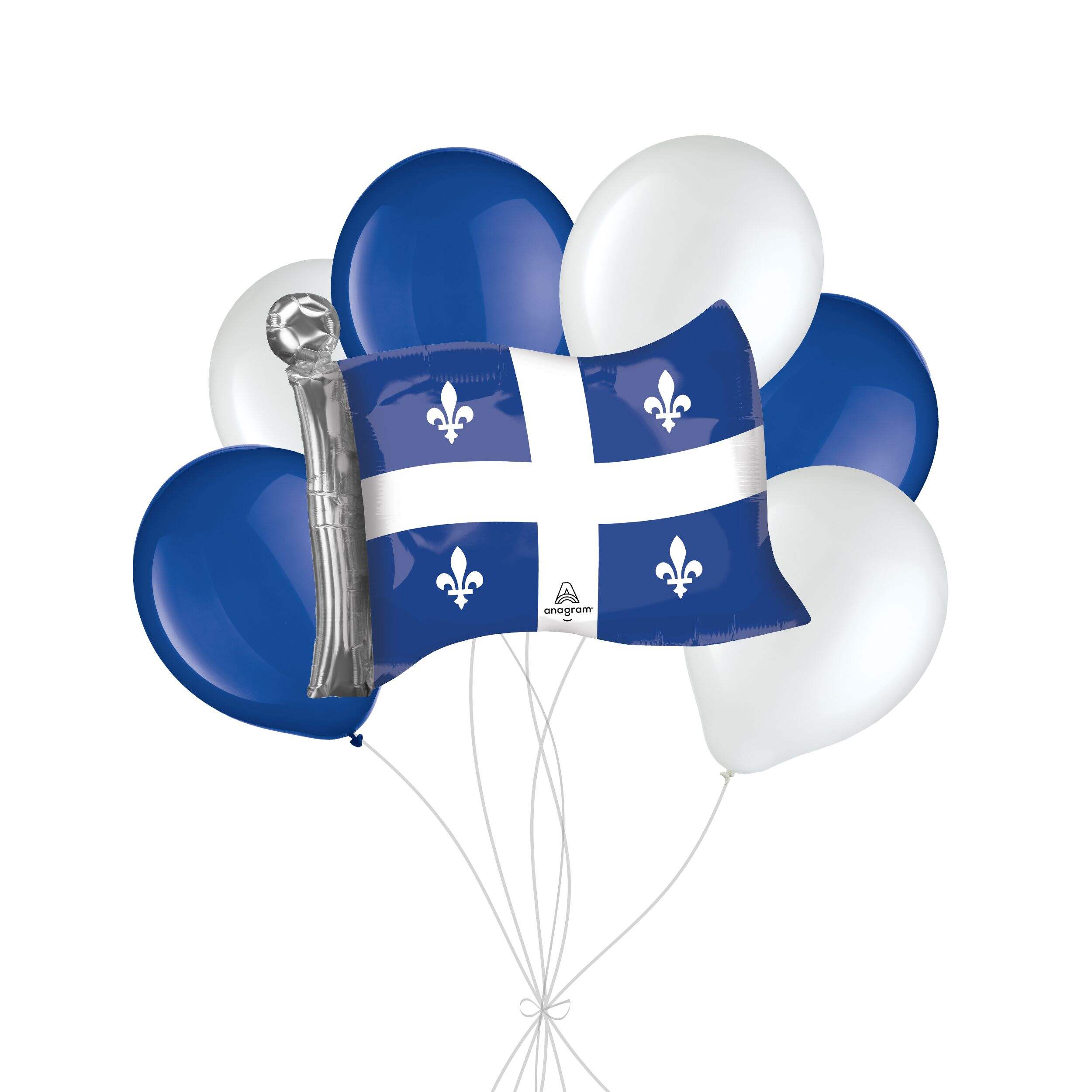 St. Jean Baptiste Flag Supershape Balloon Bouquet with Latex Balloons, Royal Blue/White, 7-pk, Helium Inflation & Ribbon Included Front_Flat