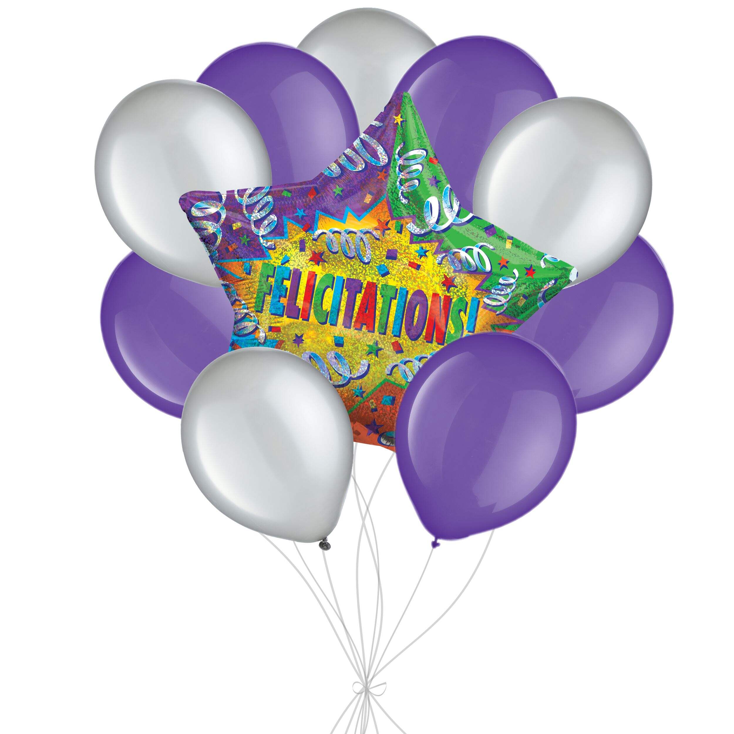 "Félicitations" French Star Satin Foil Balloon Bouquet with Latex Balloons, Multi-Coloured, 10-pk, Helium Inflation & Ribbon Included Front_Flat